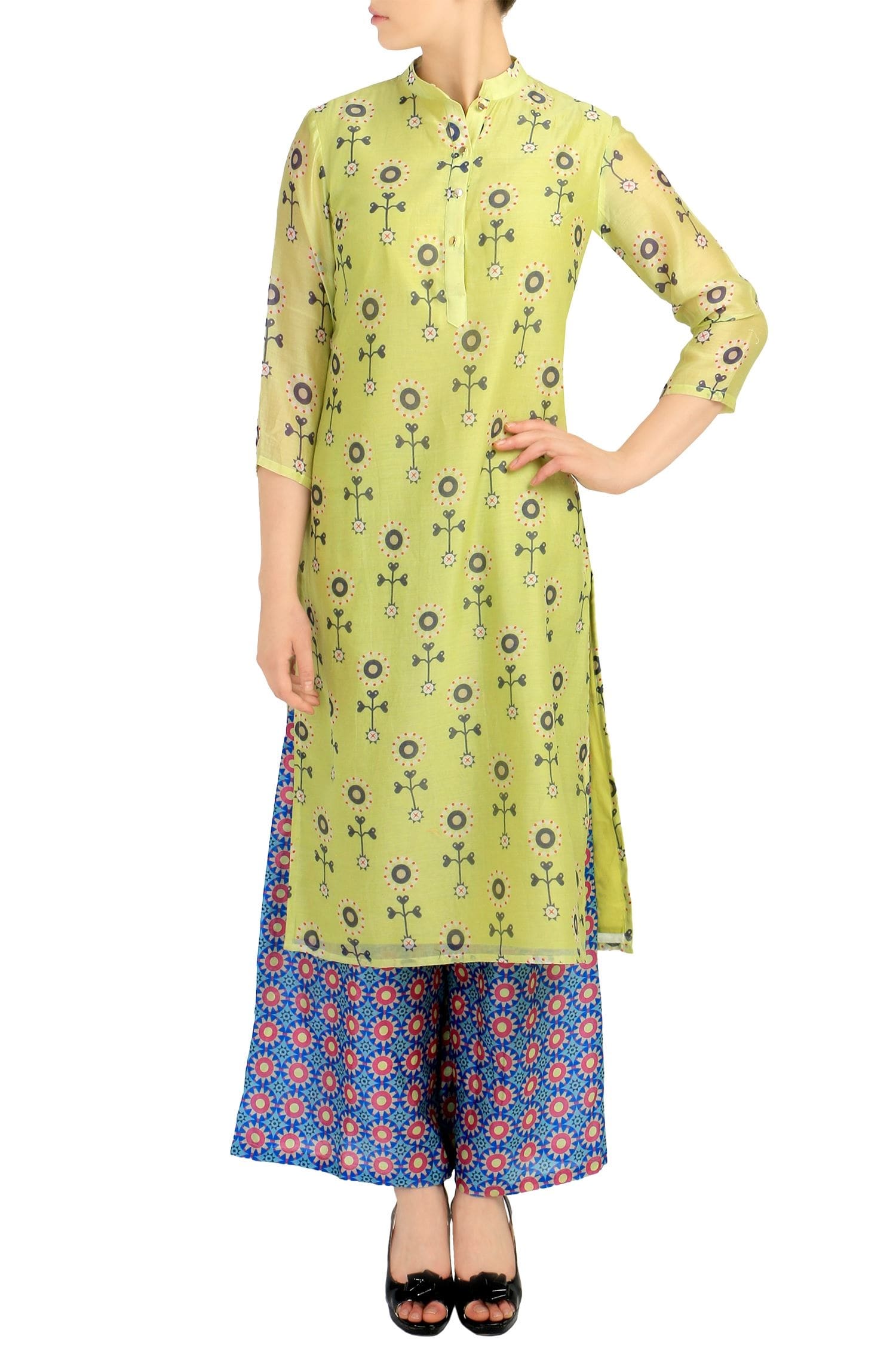 Soup by Sougat Paul Light Green Printed Kurta And Blue Palazzos