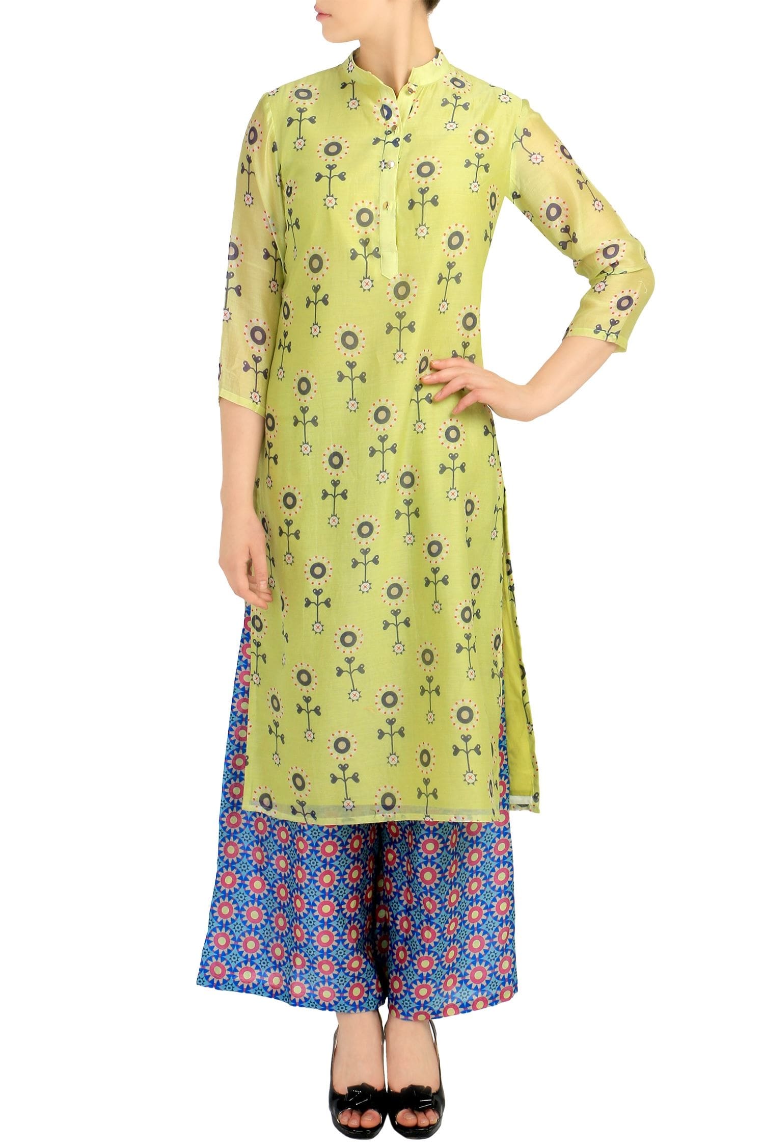 Buy Soup by Sougat Paul Light Green Printed Kurta And Blue Palazzos ...