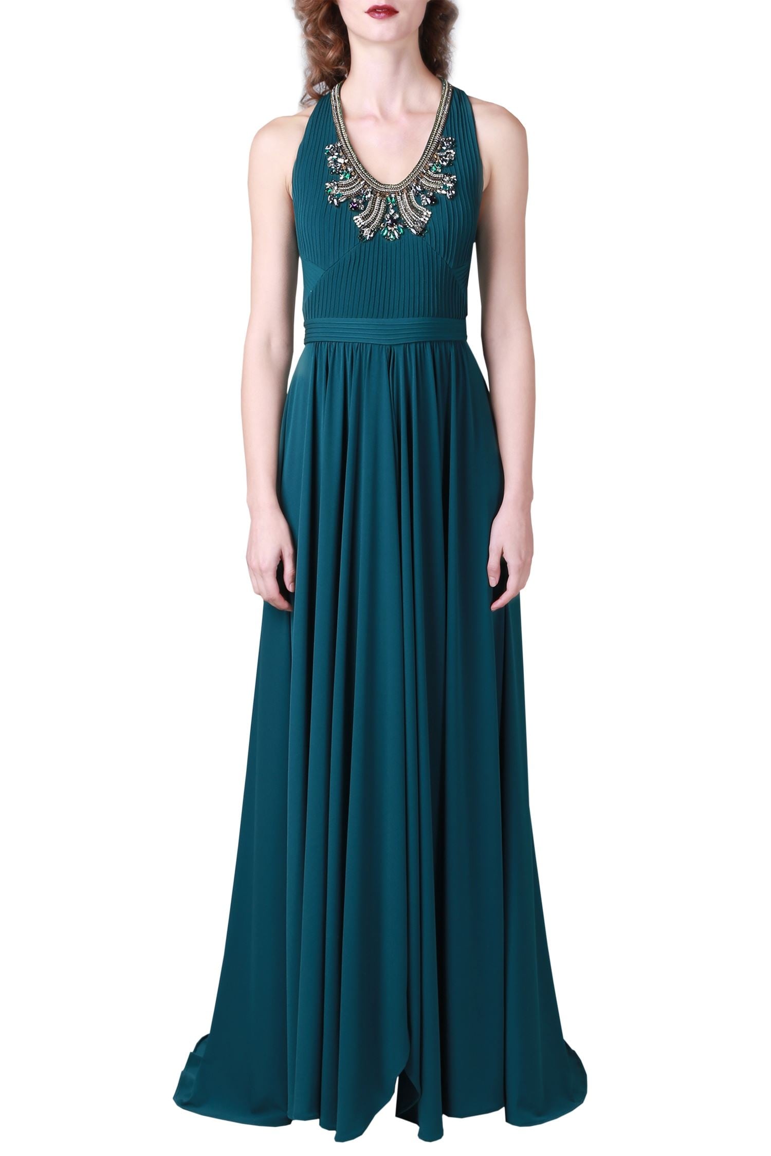 Buy Peacock blue embellished jersey gown by Ranna Gill at Aza Fashions