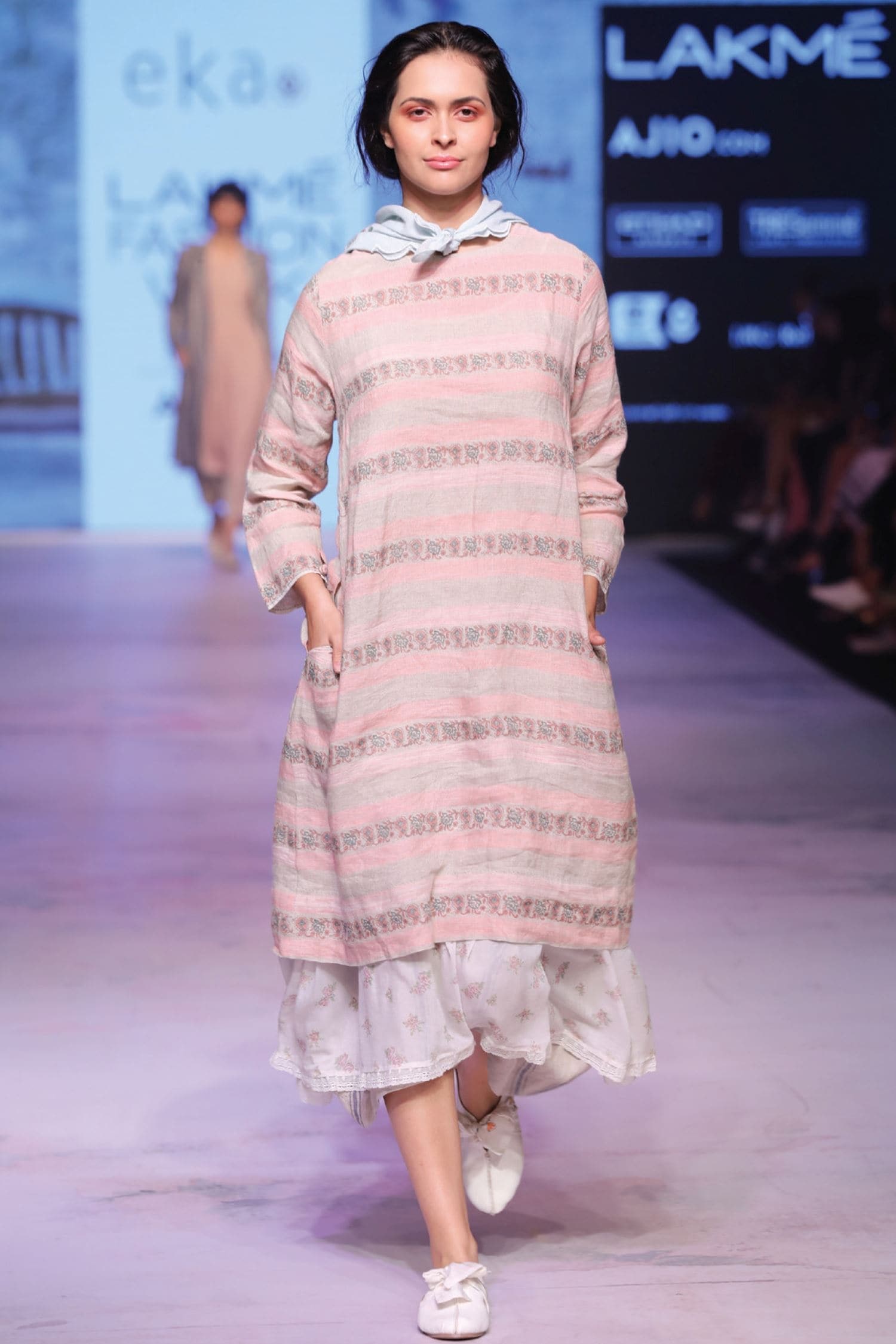 Eka Grey Linen Round Printed Dress For Women