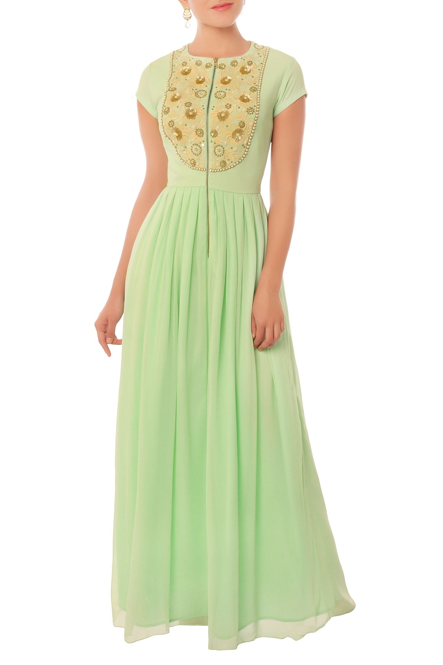 Light Green Net Cutdana Evening Gown-GW681 | Indian wedding gowns, Boho dresses  long, Designer evening gowns