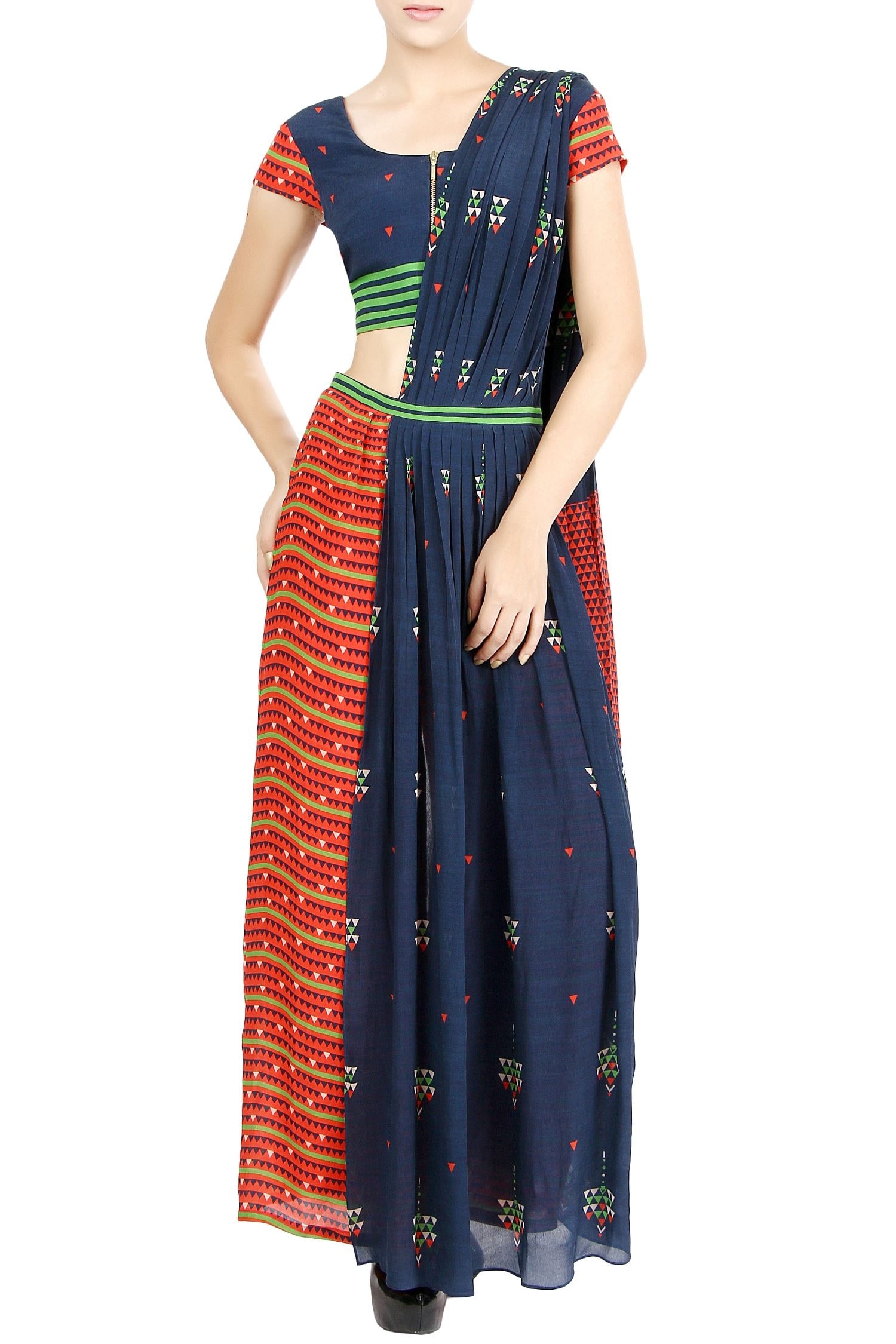 Soup by Sougat Paul Blue Crepe Printed Geometric Round Neck Pant Saree With Jacket For Women