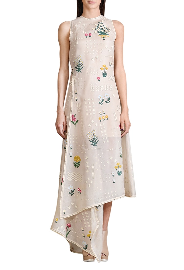Sahil Kochhar Beige Asymmetric Applique Dress