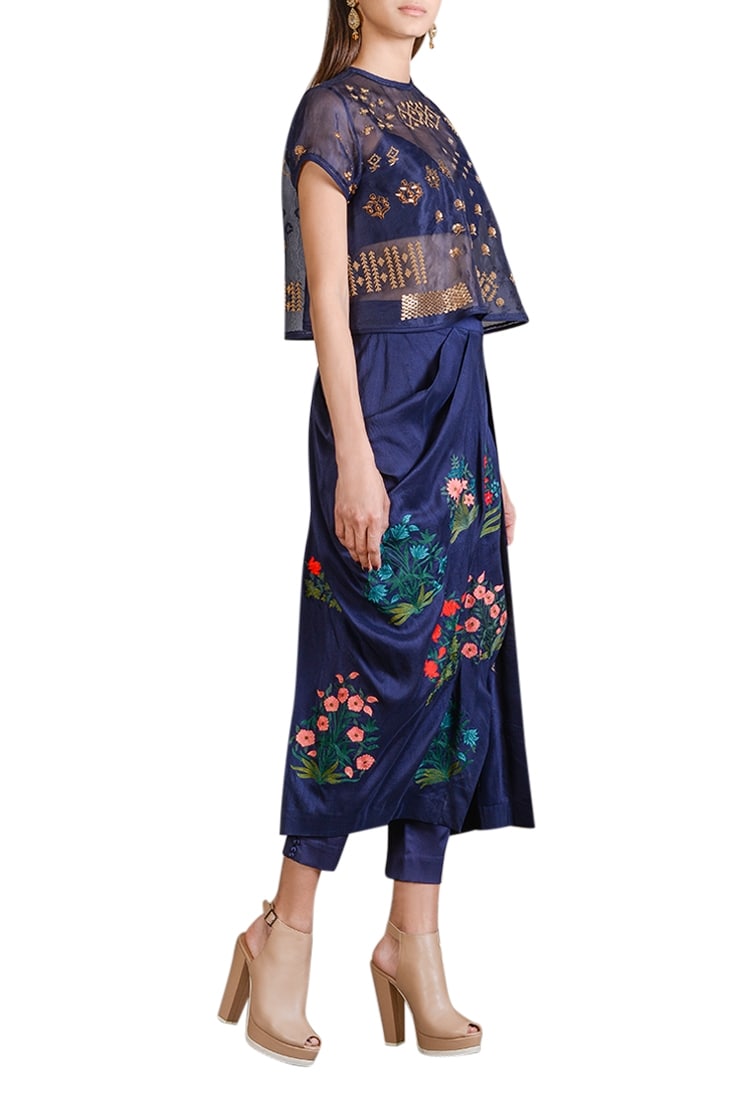 Sahil Kochhar Blue Raw Silk Embroidered Floral Draped Skirt And Sheer Embellished Top For Women