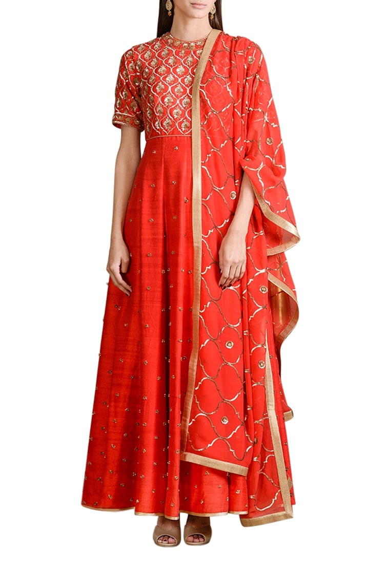 Sahil Kochhar Orange Raw Silk Embroidered Jaal Work Jewel Neck Anarkali Set For Women