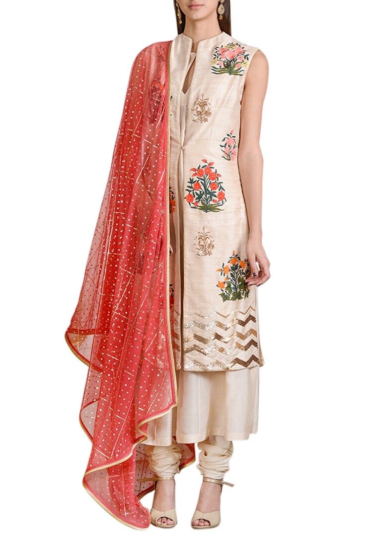 Sahil Kochhar Beige Raw Silk Embroidered Floral Jacket And Kurta Set For Women