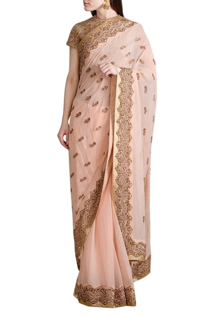 Sahil Kochhar Peach Georgette Embroidered Crew Neck Saree With Blouse For Women