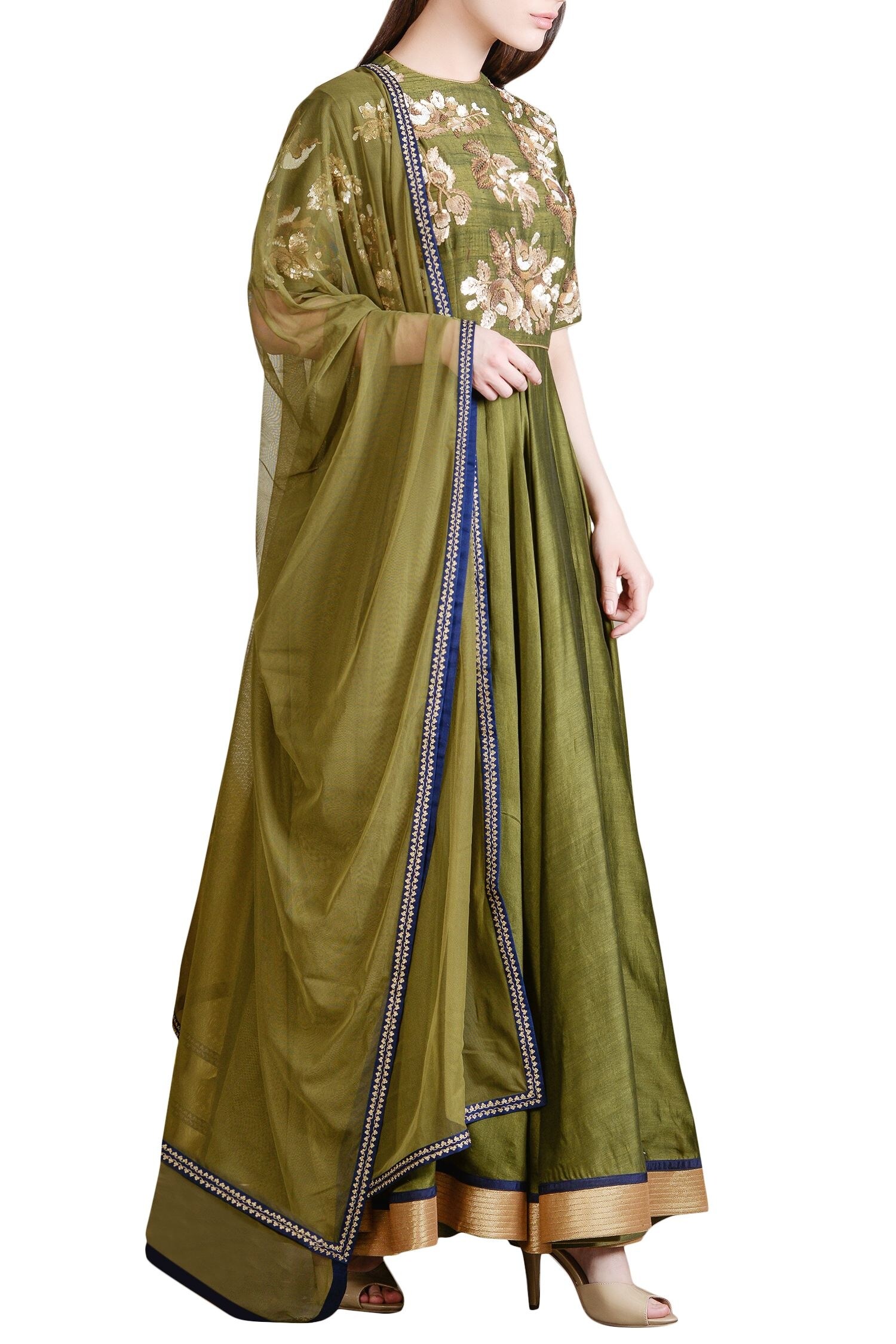 Sahil Kochhar Olive Green Sequin Embroidered Anarkali Set