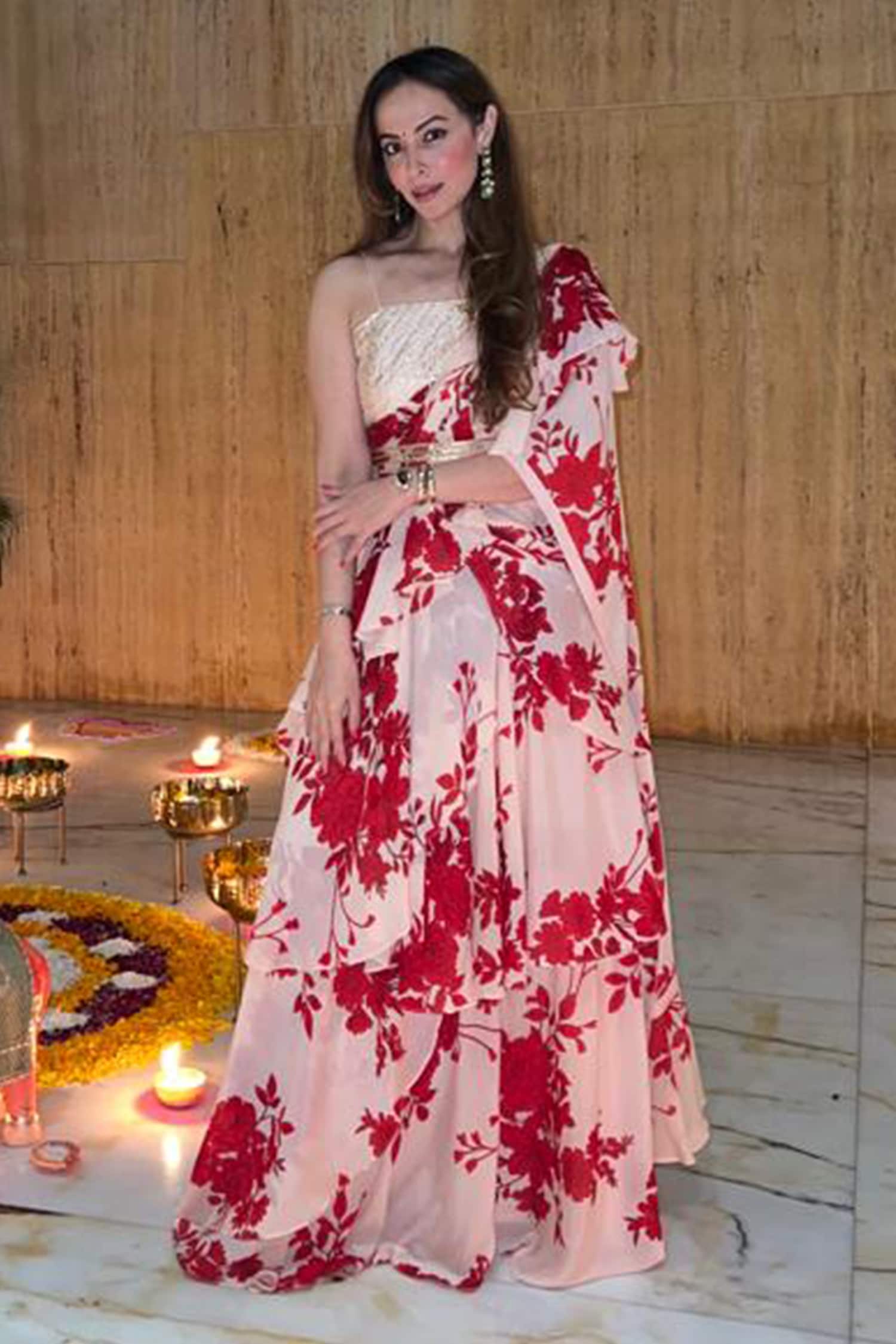 Palak & Mehak Beige Georgette Printed Chevron Square Pre-draped Ruffle Saree Set For Women