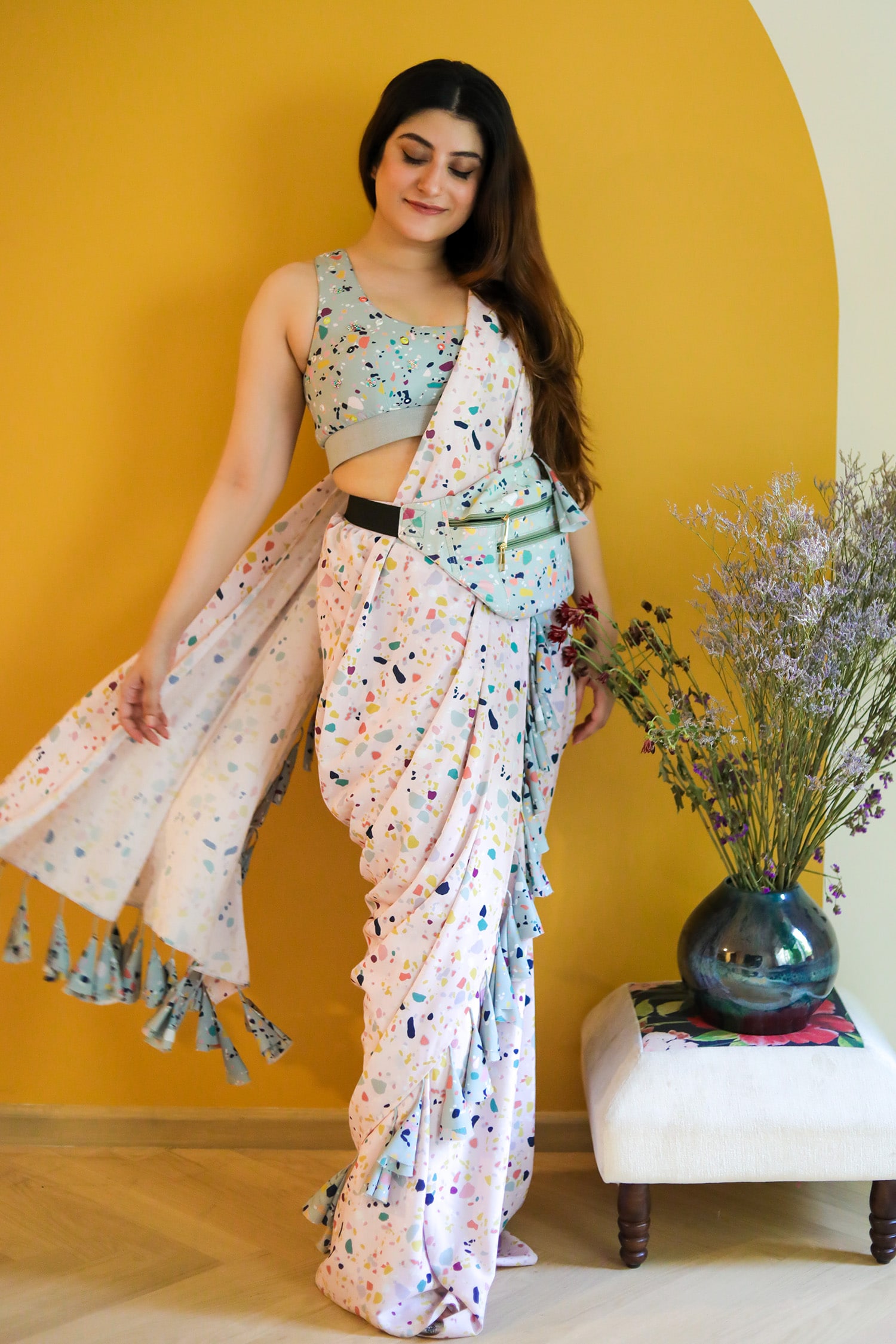 PS Pret by Payal Singhal - Pink Art Crepe Printed Marble Pre-stitched Saree  With Blouse