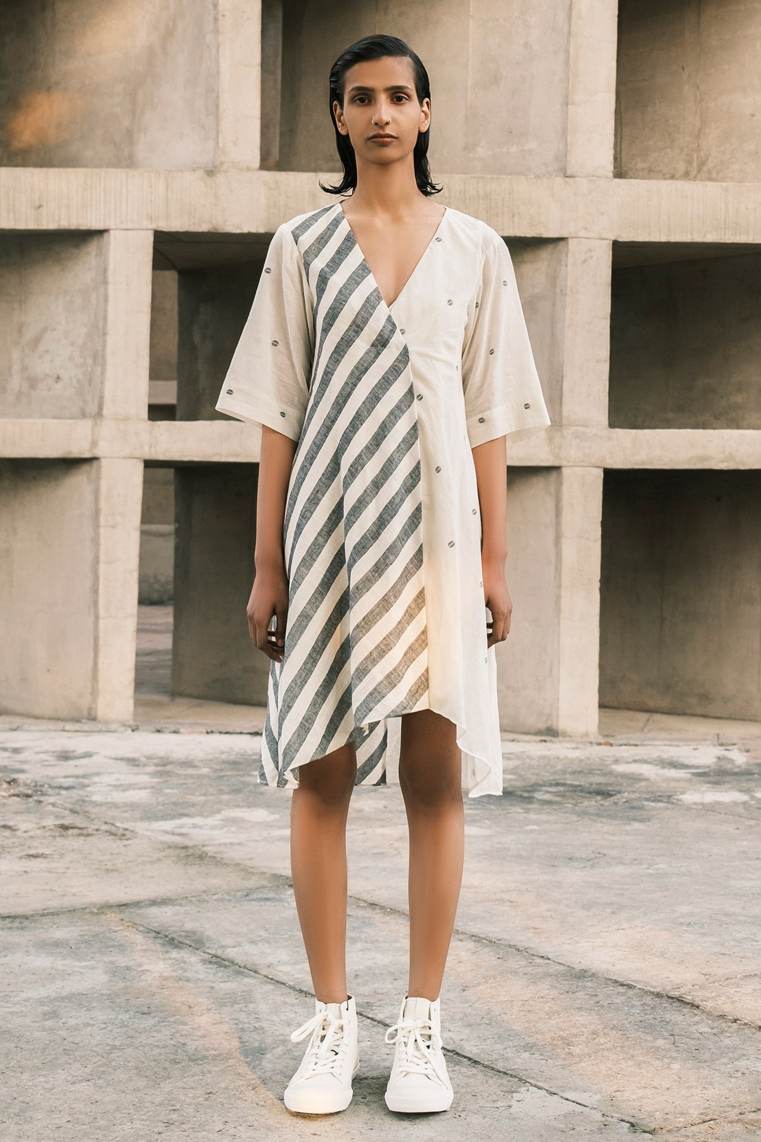 Urvashi Kaur Grey Handspun Cotton Jamdani Zephyr Stripe Pattern Dress