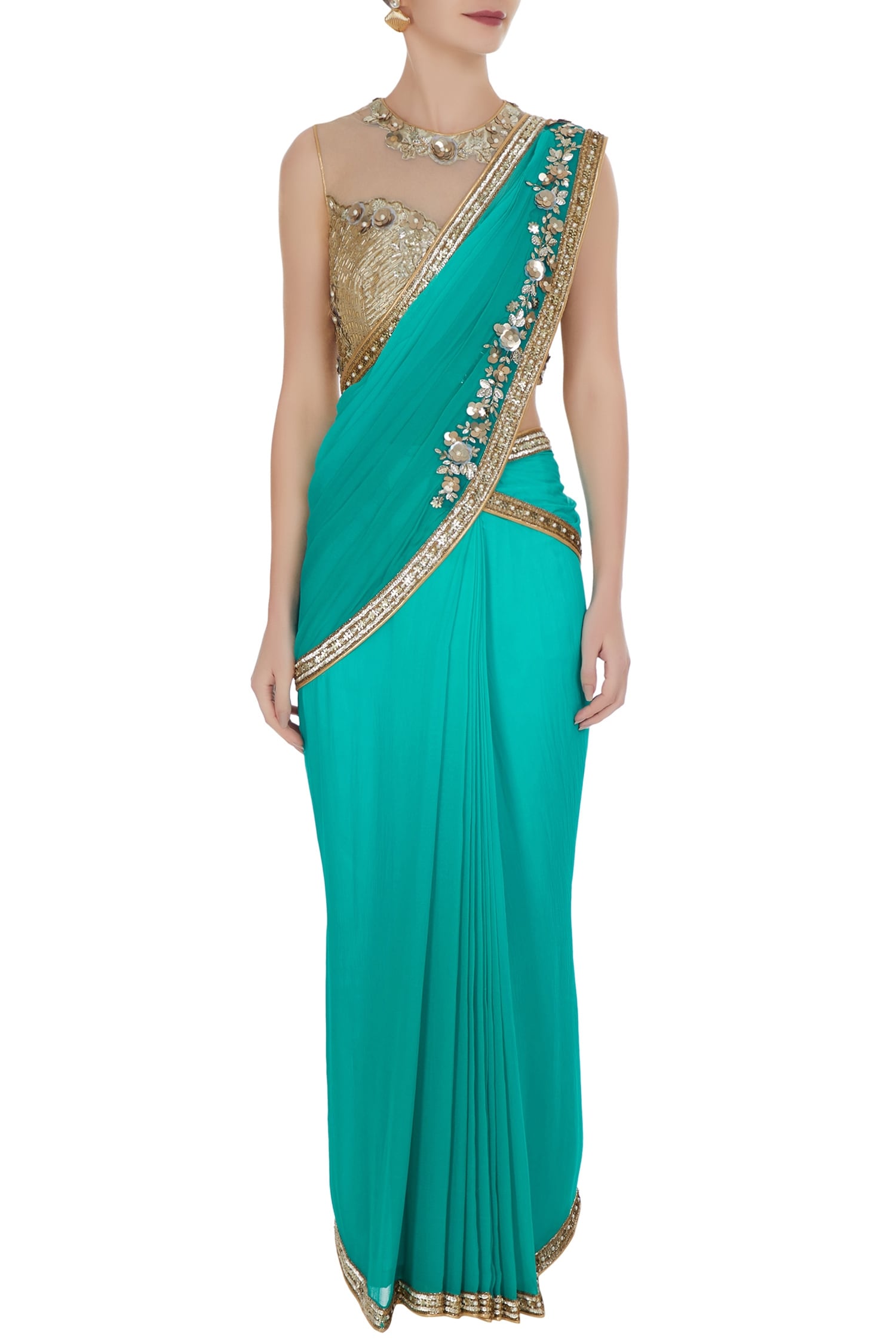 Buy Rajat & Shraddha Blue Sequin And Pearl Pre-draped Saree With ...