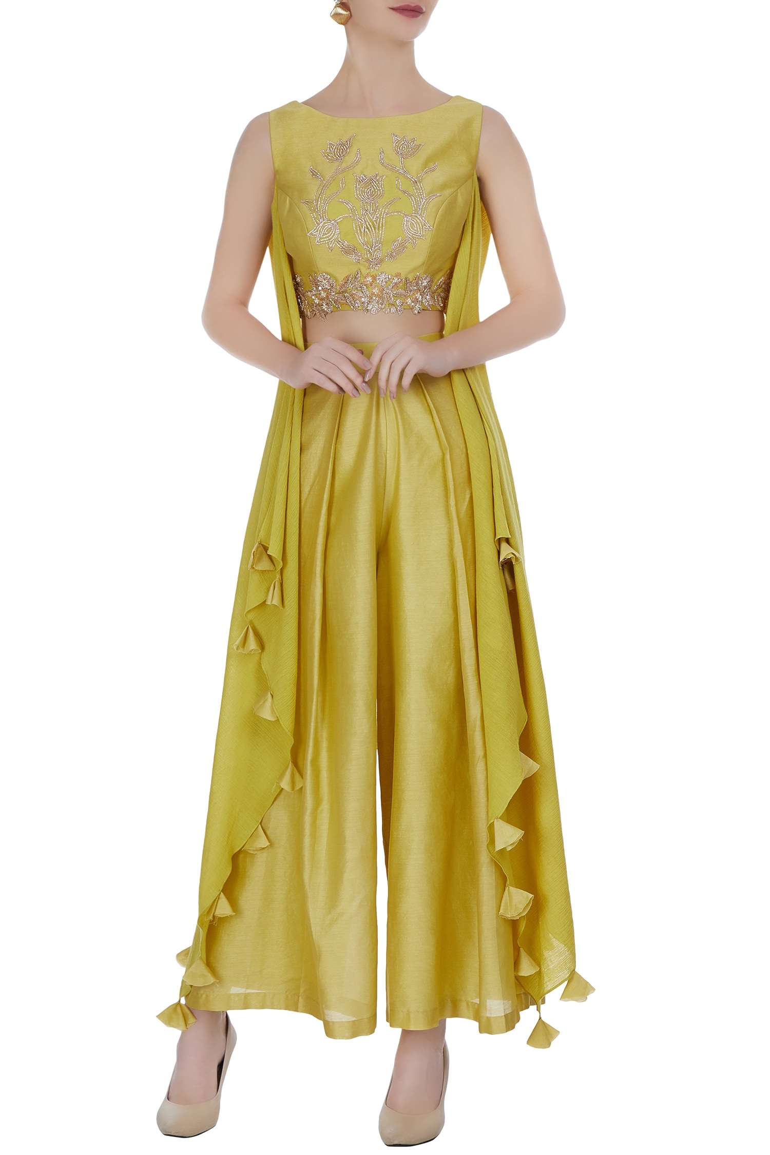 Buy Lime Green Sequin Crop Top With Attached Drapes Belt Pants