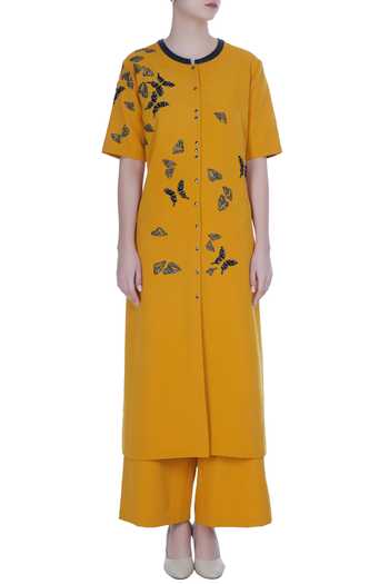 Fawn Linen Kurta Set With Butterfly Inspired Abstract Print main image 1