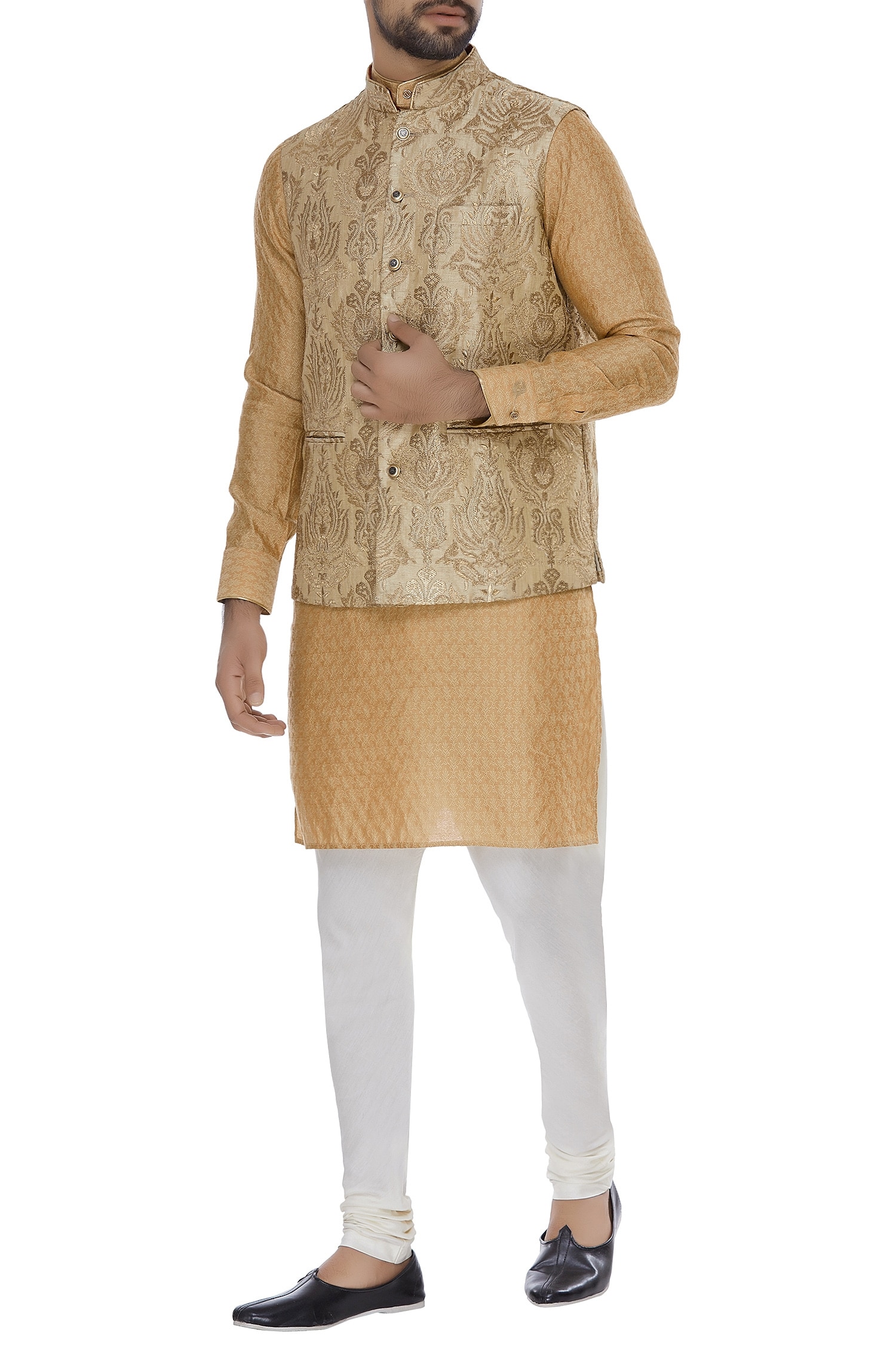 Vavci Cream Kinkhwab Brocade Nehru Jacket For Men