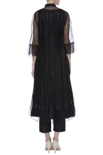 Jet Black Stripe Jacket With Sleeveless kurta And Straight Pants main image 0