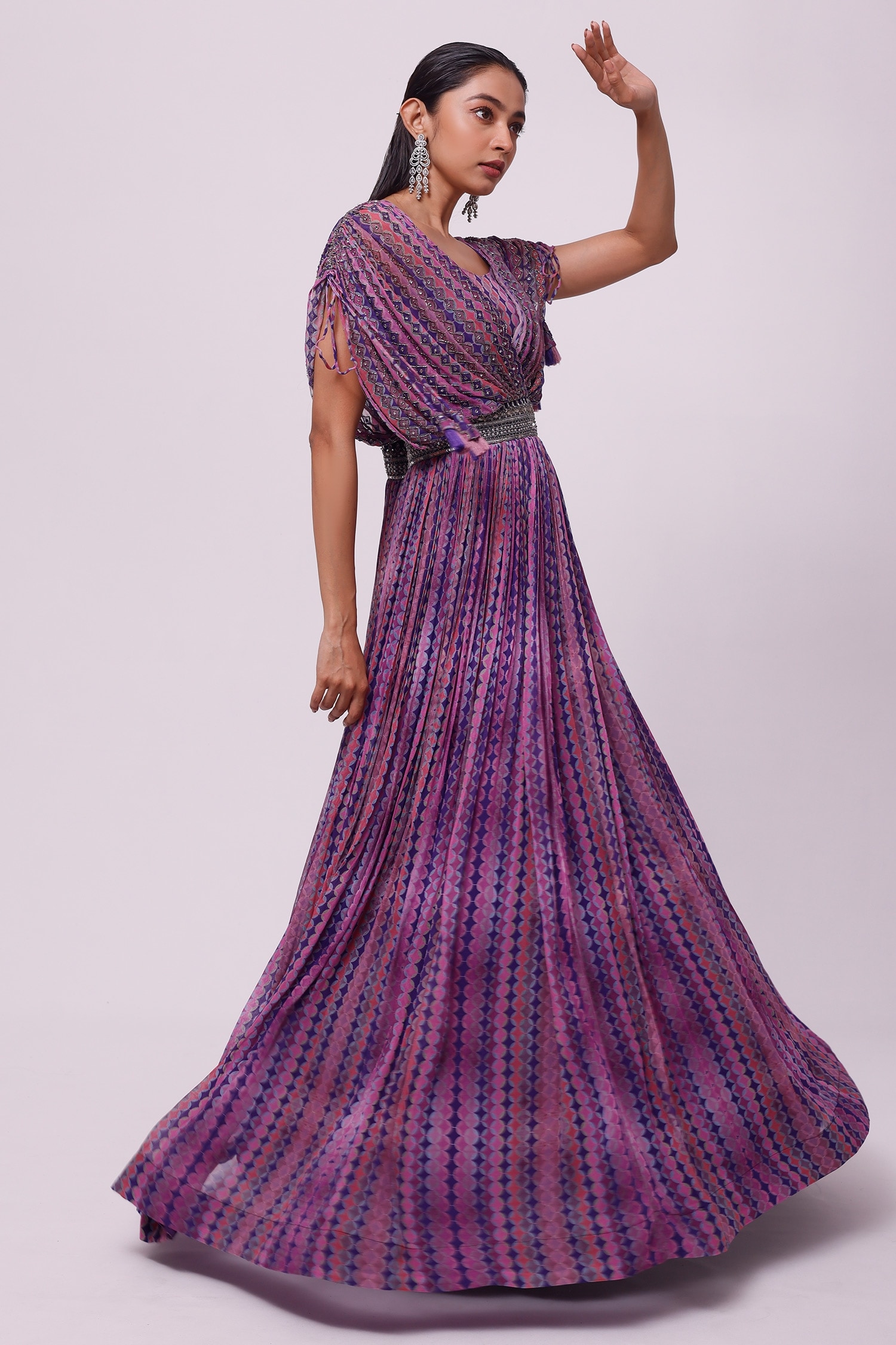 Buy Purple Embroidery Bead V Neck Geometric Pleated Gown For Women