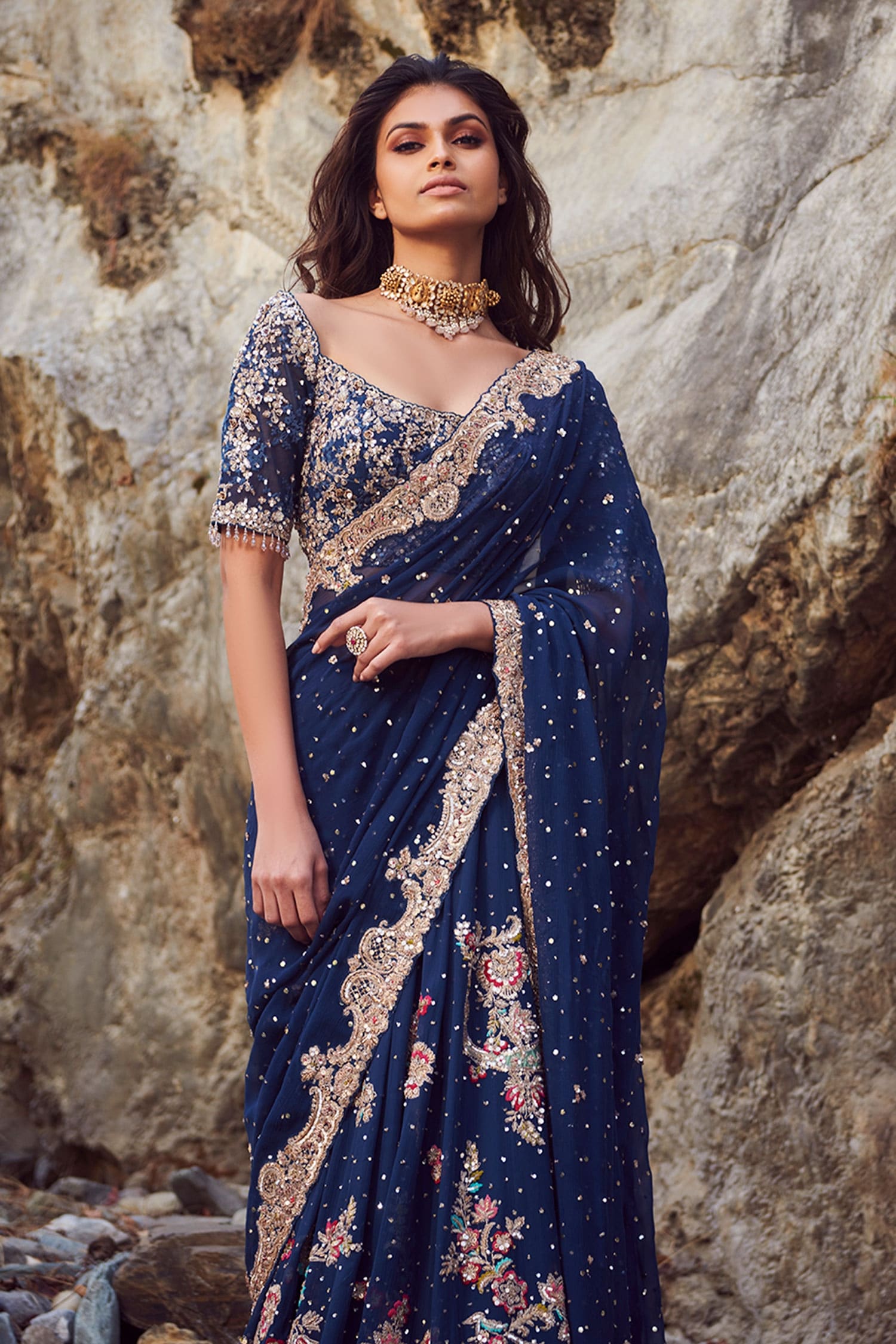 Buy Blue Silk Chiffon Embroidery Scoop Neck Myla Saree Set For Women by ...