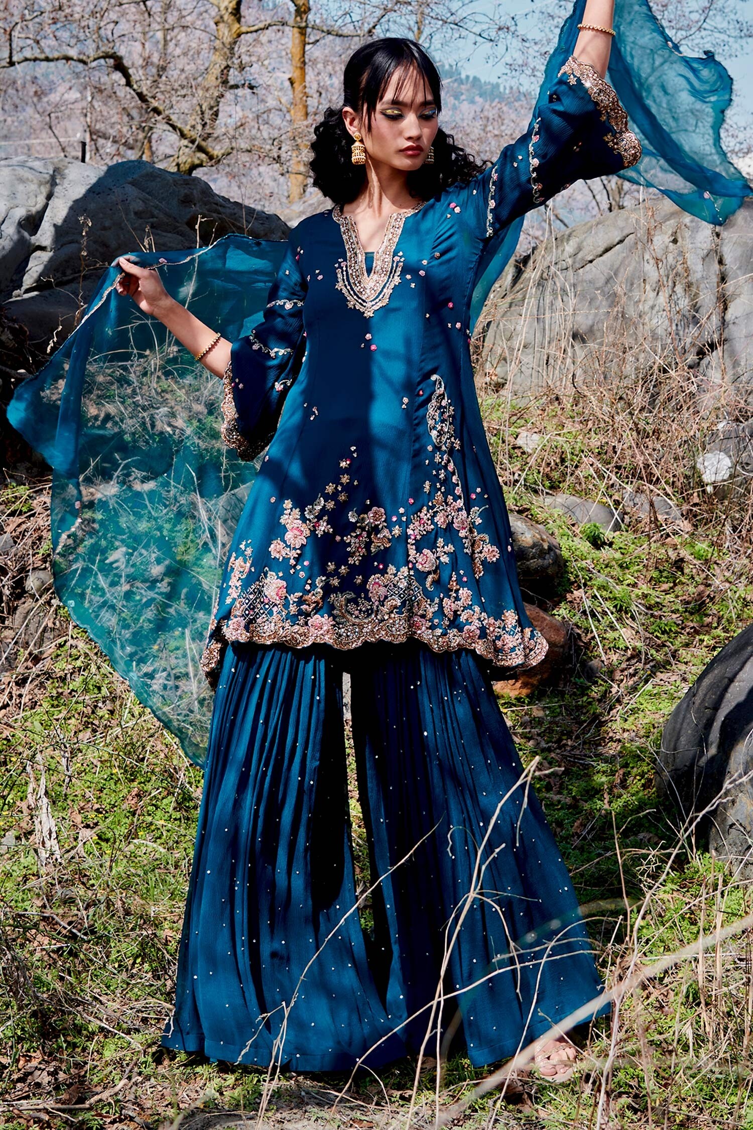 Buy Dolly J Blue Chiffon Soft Kramer Kurta Sharara Set Online Aza
