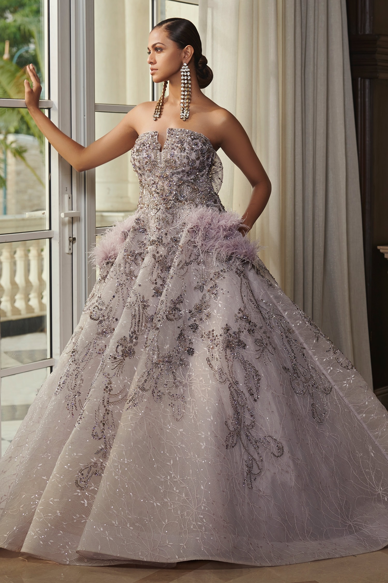 Puffy Lavender V Neck Long Prom Dress Shiny Backless Evening Dress,WP0 –  winkbridal