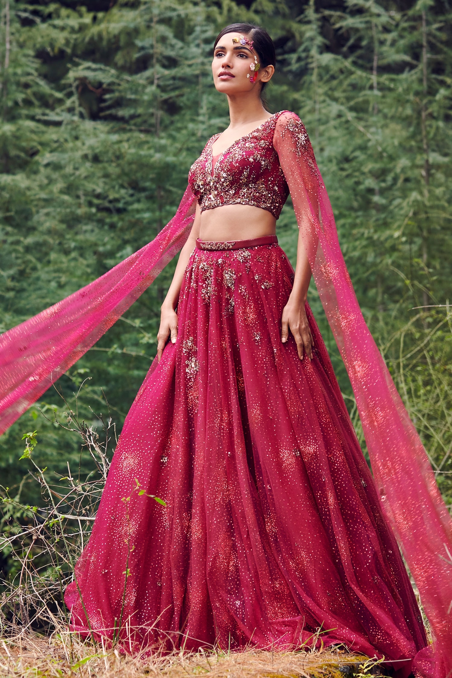 Buy Red Tulle Embroidered Floral V Neck Ivanna Lehenga Set For Women by