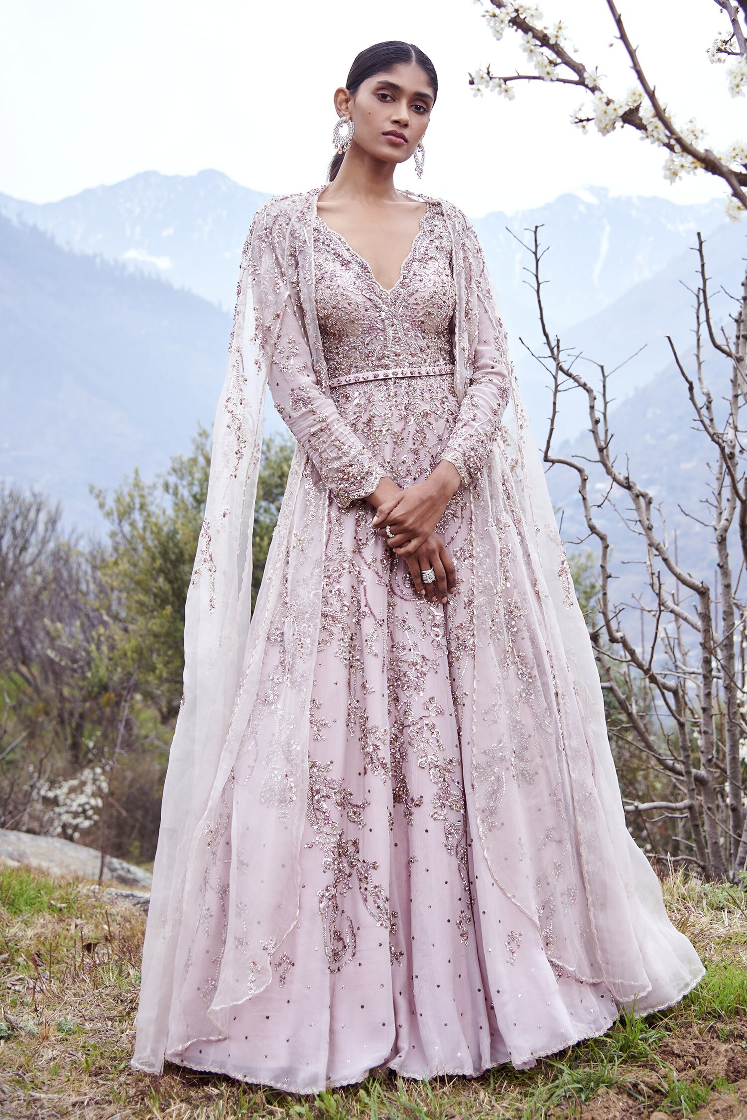 Buy White Cape Organza Embroidered Floral Gianna Pearl Anarkali And Set