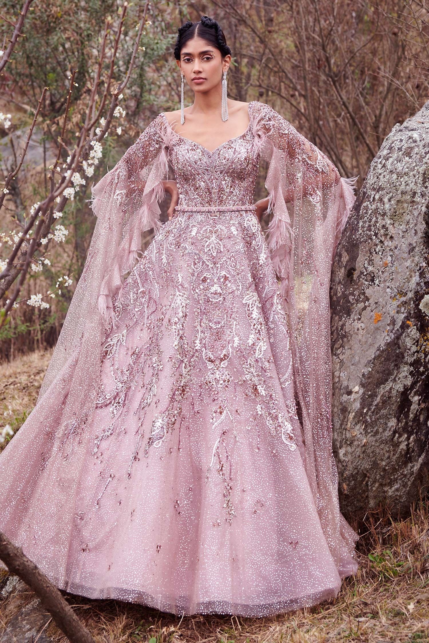 Buy Purple Tulle Embellished V Neck Samaria Shimmer Gown For Women by