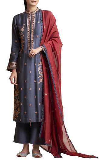 Dori Embroidered Kurta Palazzo Set with Multicolor Resham & Mirror Work & Jaal Dupatta