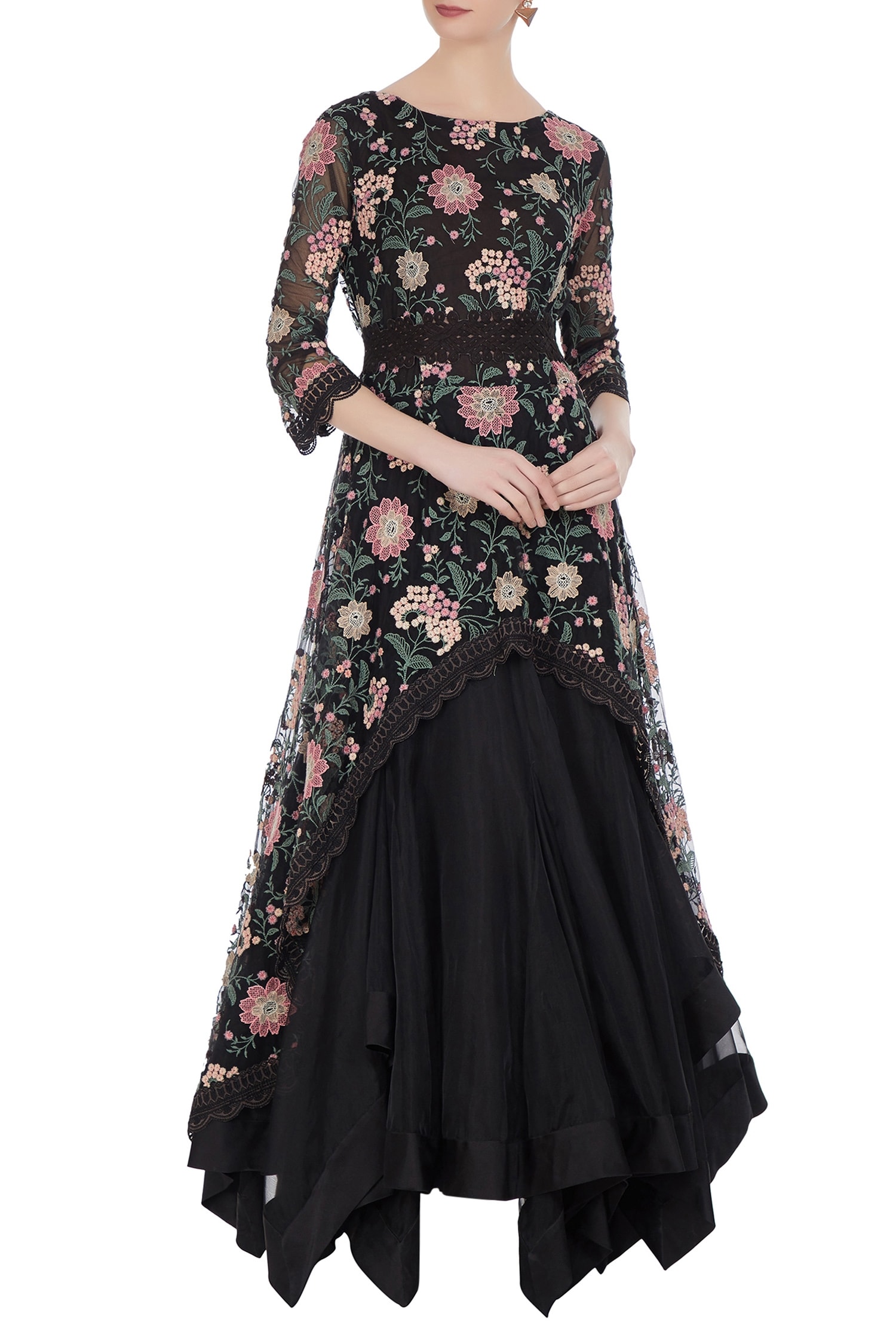 Buy Black Organza Embroidered Floral Boat Draped Tunic With Waistband ...