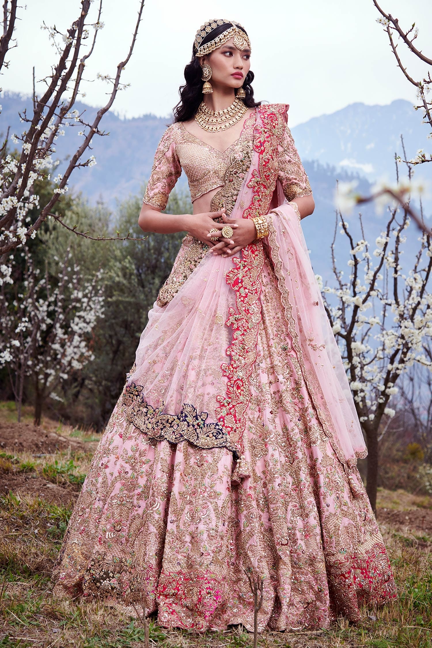 Buy Pink Raw Silk Embroidered Floral Motifs Cyan Dust Bridal Lehenga