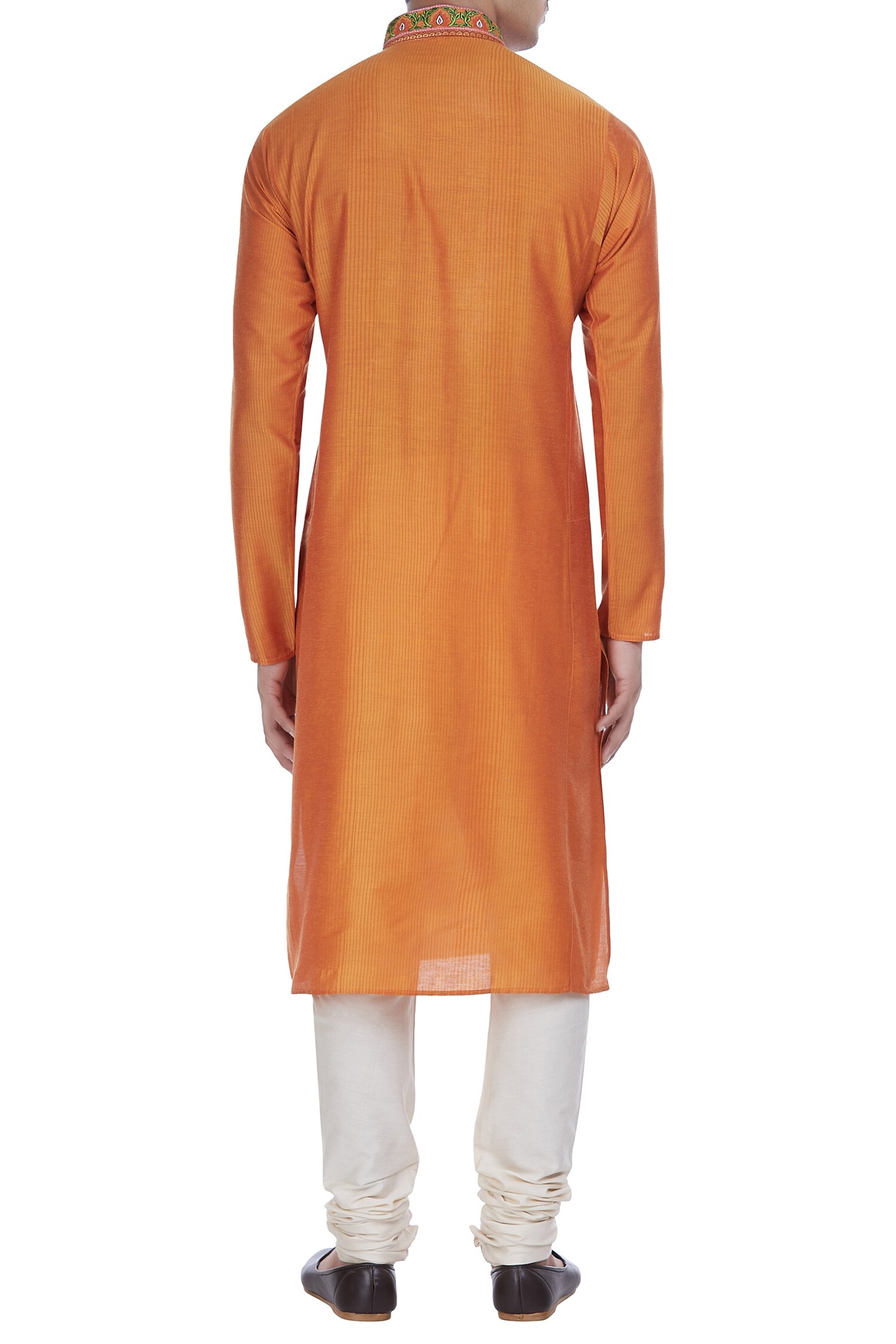 Buy Krishna Mehta Men Orange Block Printed Embroidered Collar Kurta