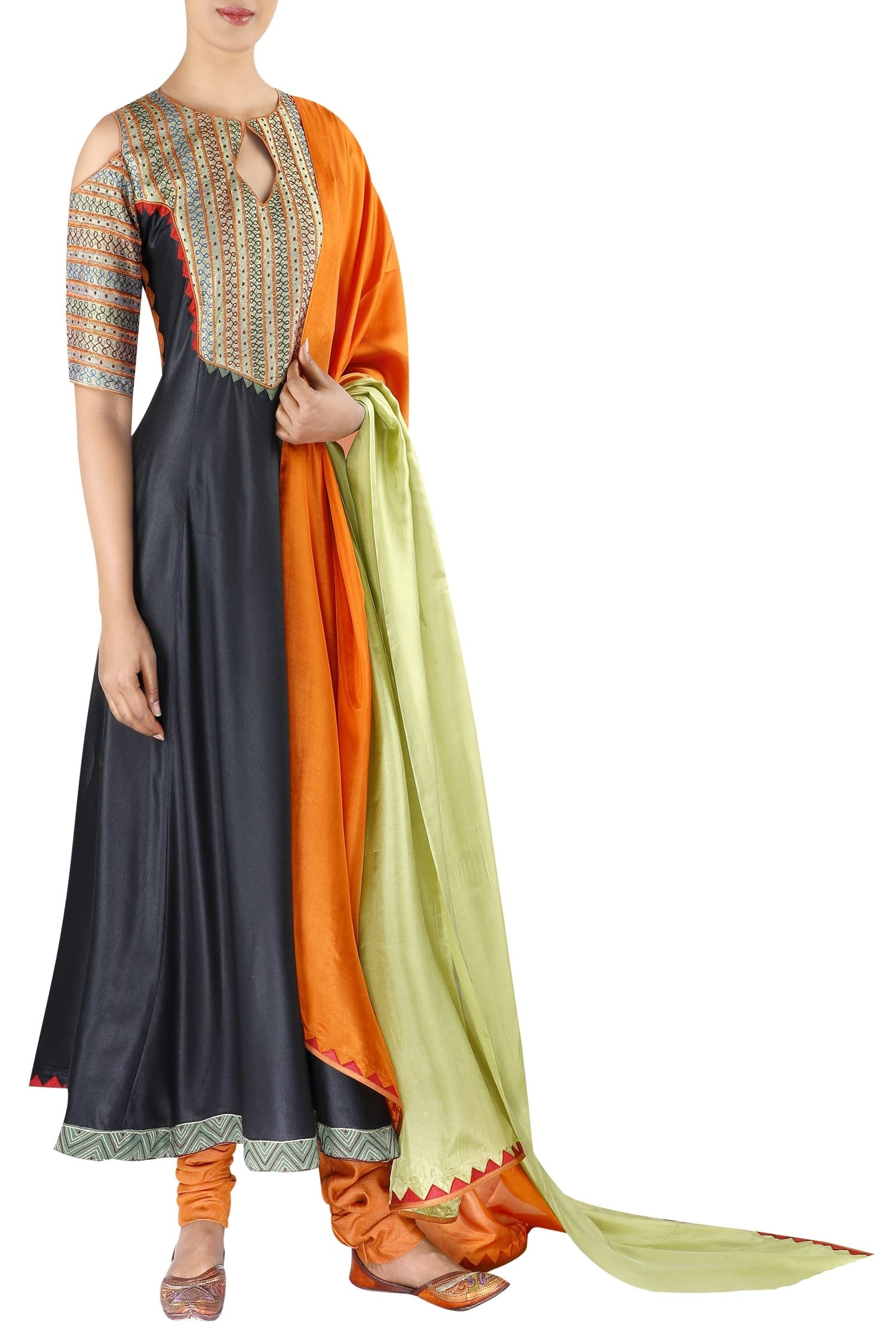 Buy Black Silk Cold Shoulder Kurta Sleeves With Dupatta And Churidar