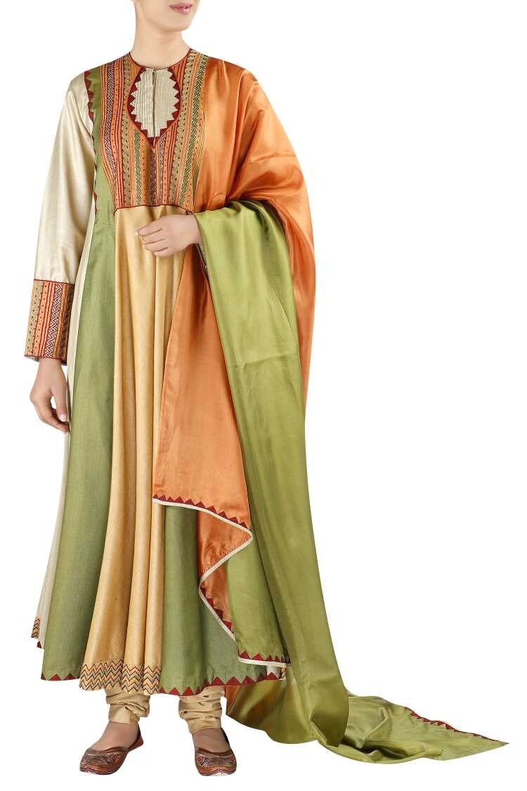 Buy Latha Puttanna Beige Full Sleeves Kurta With Churidar And Dupatta
