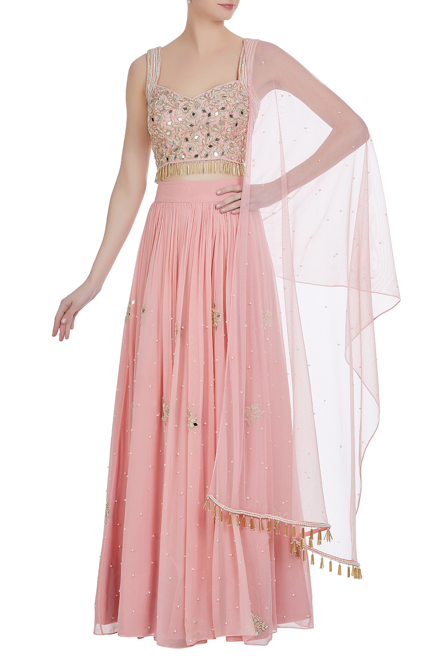 Buy Kresha Lulla Gold Mirror Embroidered And Tassel Blouse With Lehenga And Dupatta Online Aza