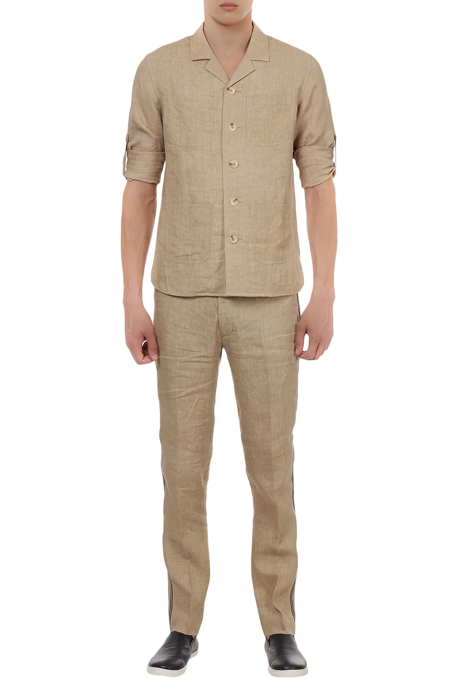 Buy Lacquer Embassy Beige Cuban Collar Shirt With Casual Trousers ...