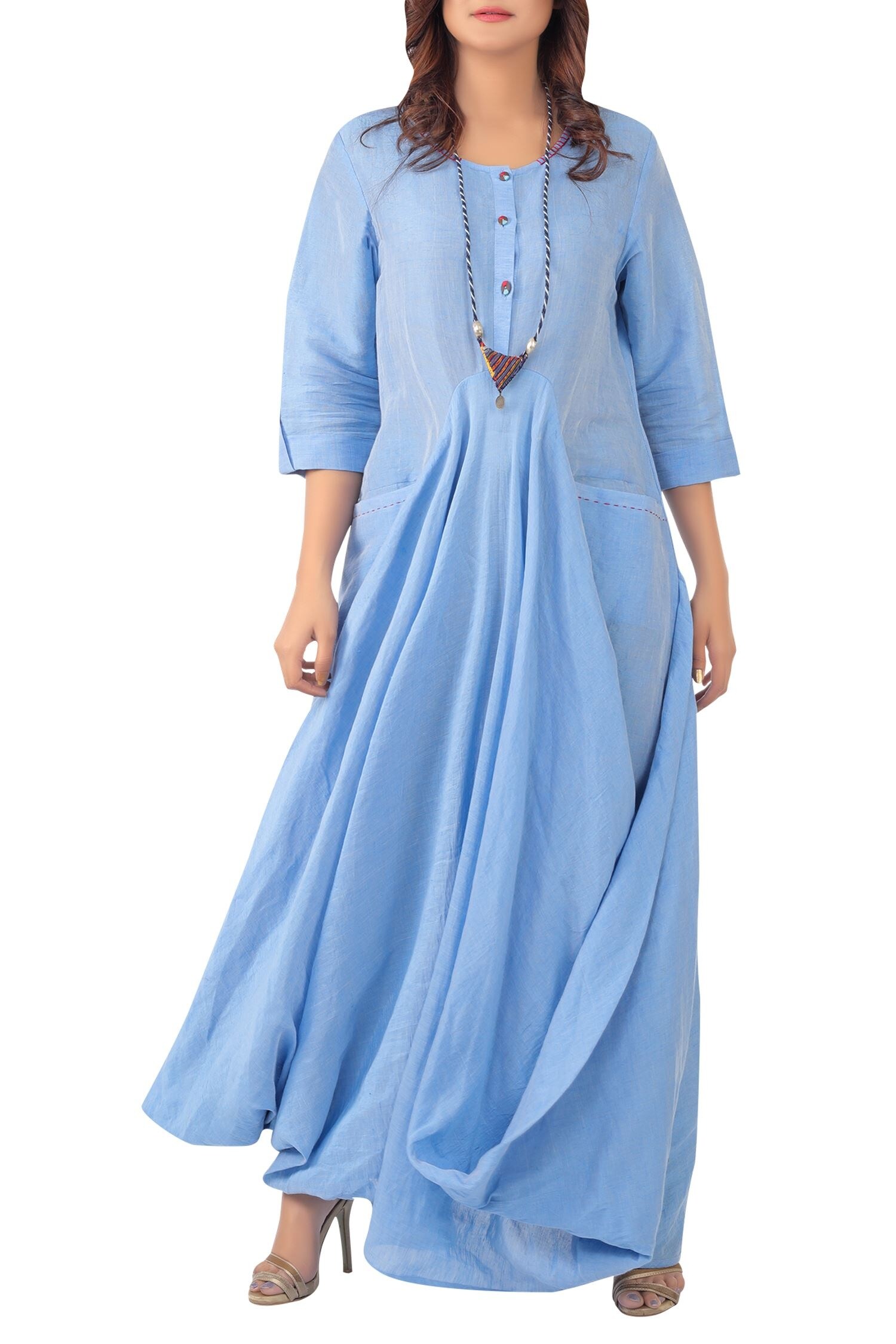 Buy Sayantan Sarkar Blue Flared Maxi Dress With Utility Pockets Online ...