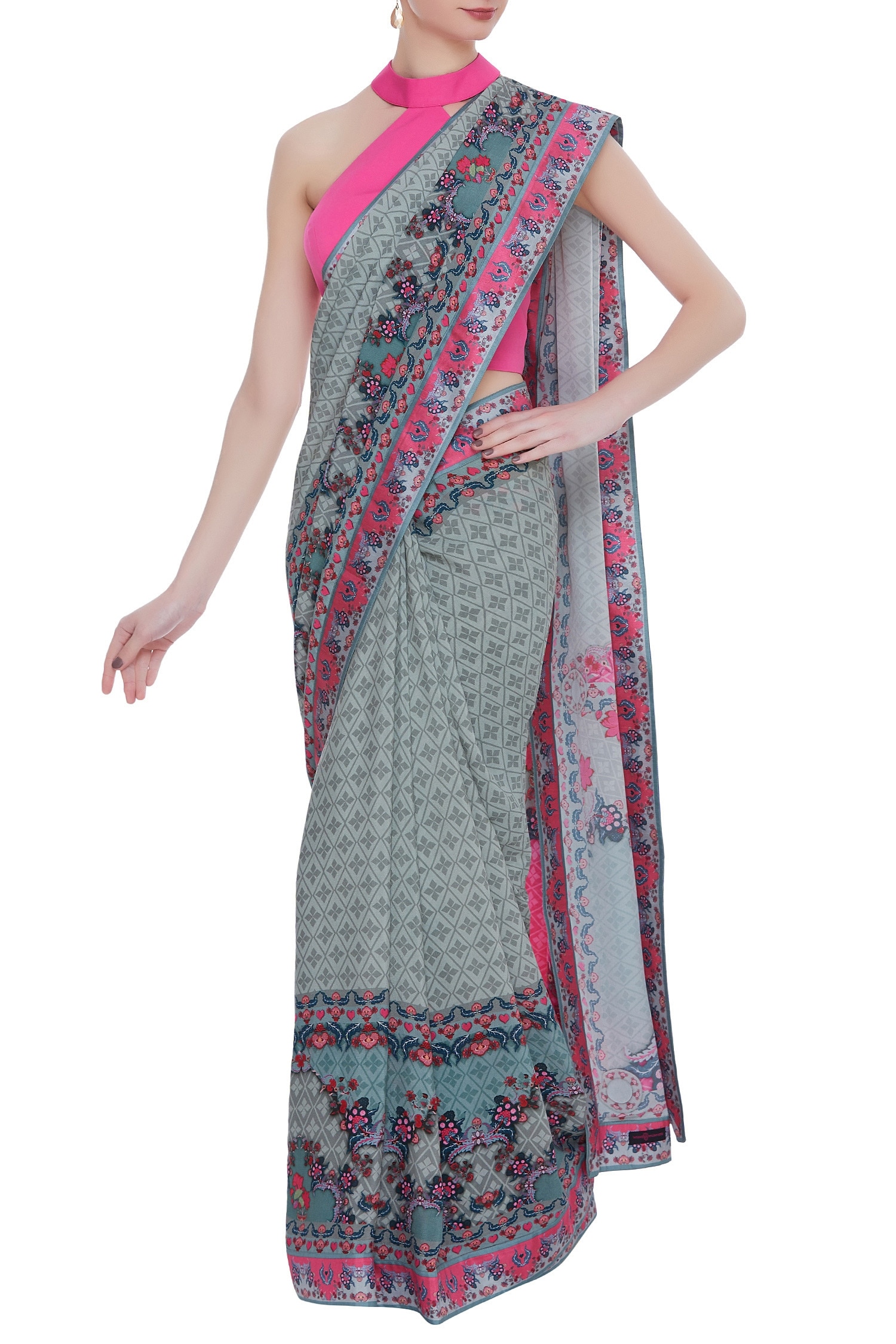 Siddhartha Bansal Grey Floral Printed Crepe Silk Saree For Women