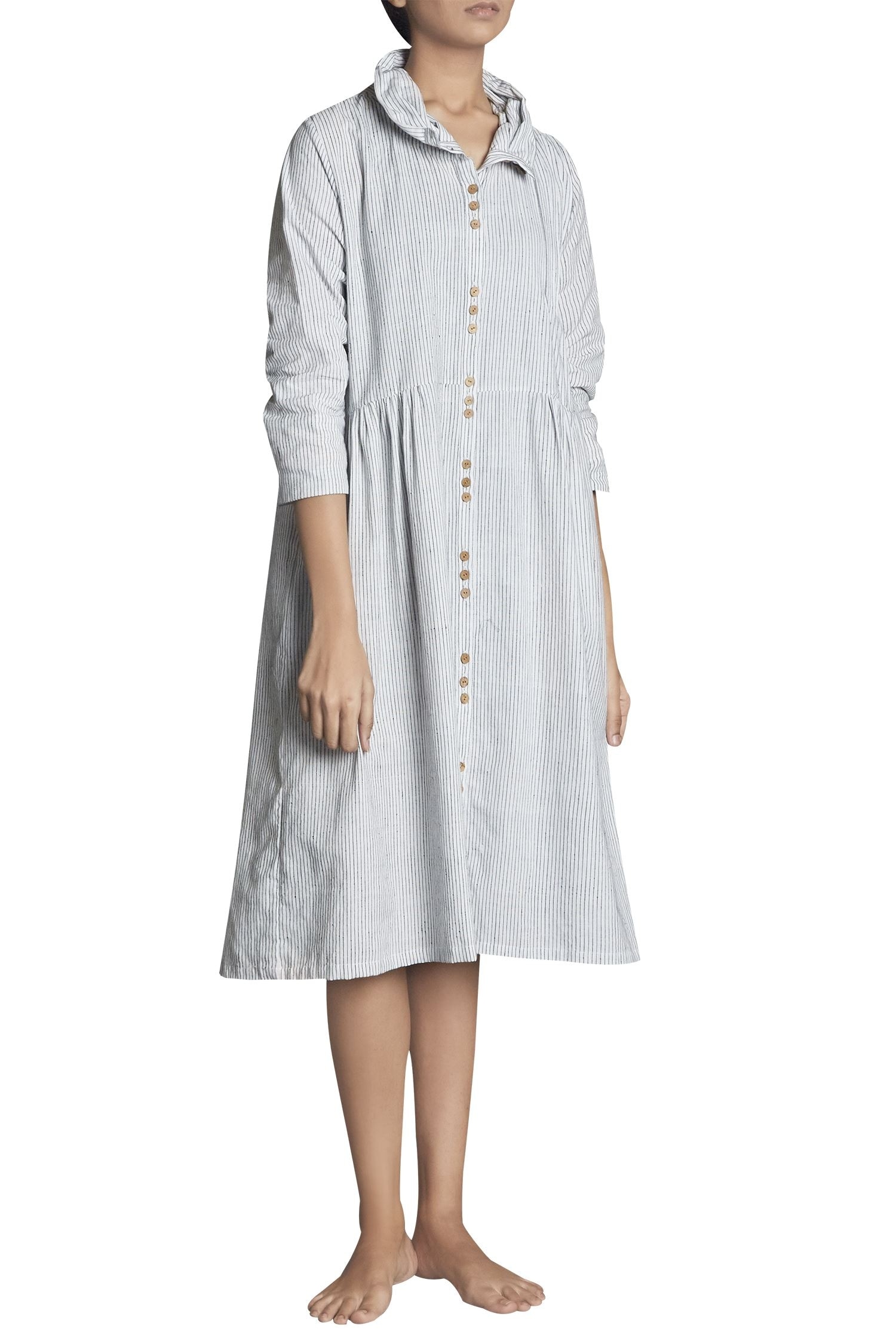 Buy Mati White Stripe Handspun Cotton Button Down Dress Online Aza