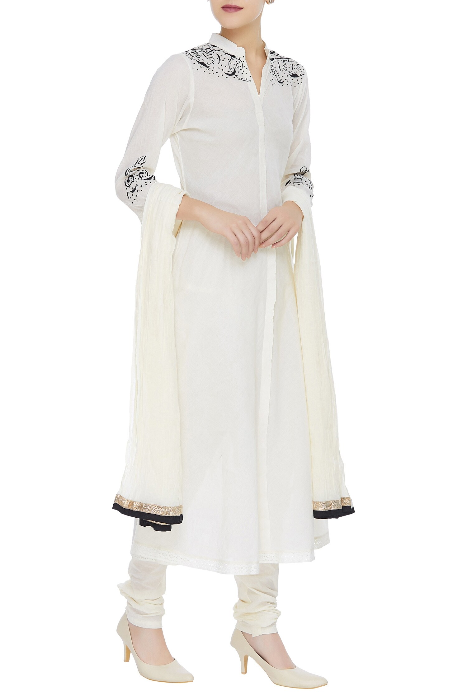 Buy White Band Collar Embroidered Kurta Set For Women by Nazar by Indu