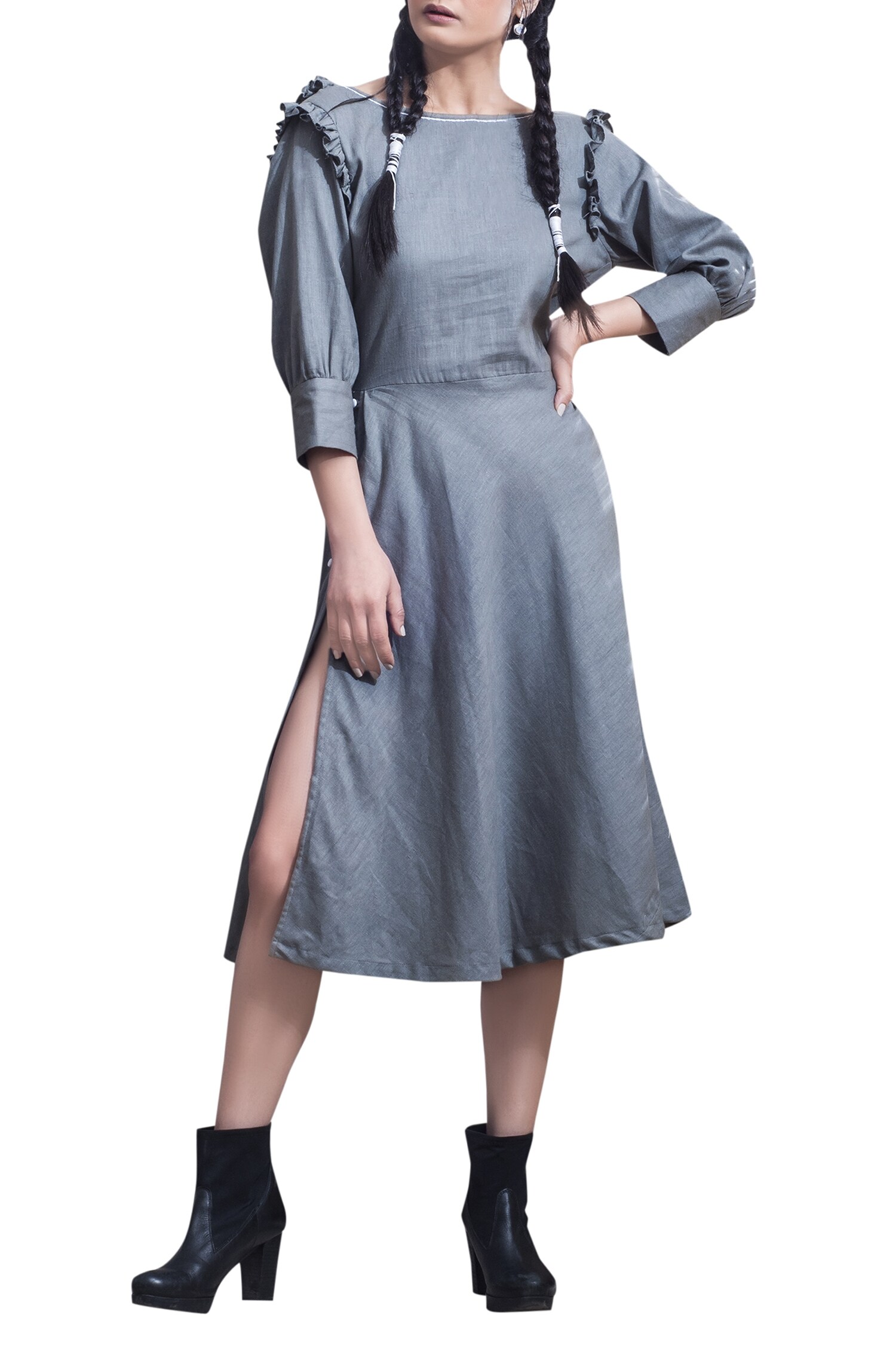 Buy Bohame Grey Deep Back Frill Detail Midi Dress Online | Aza Fashions