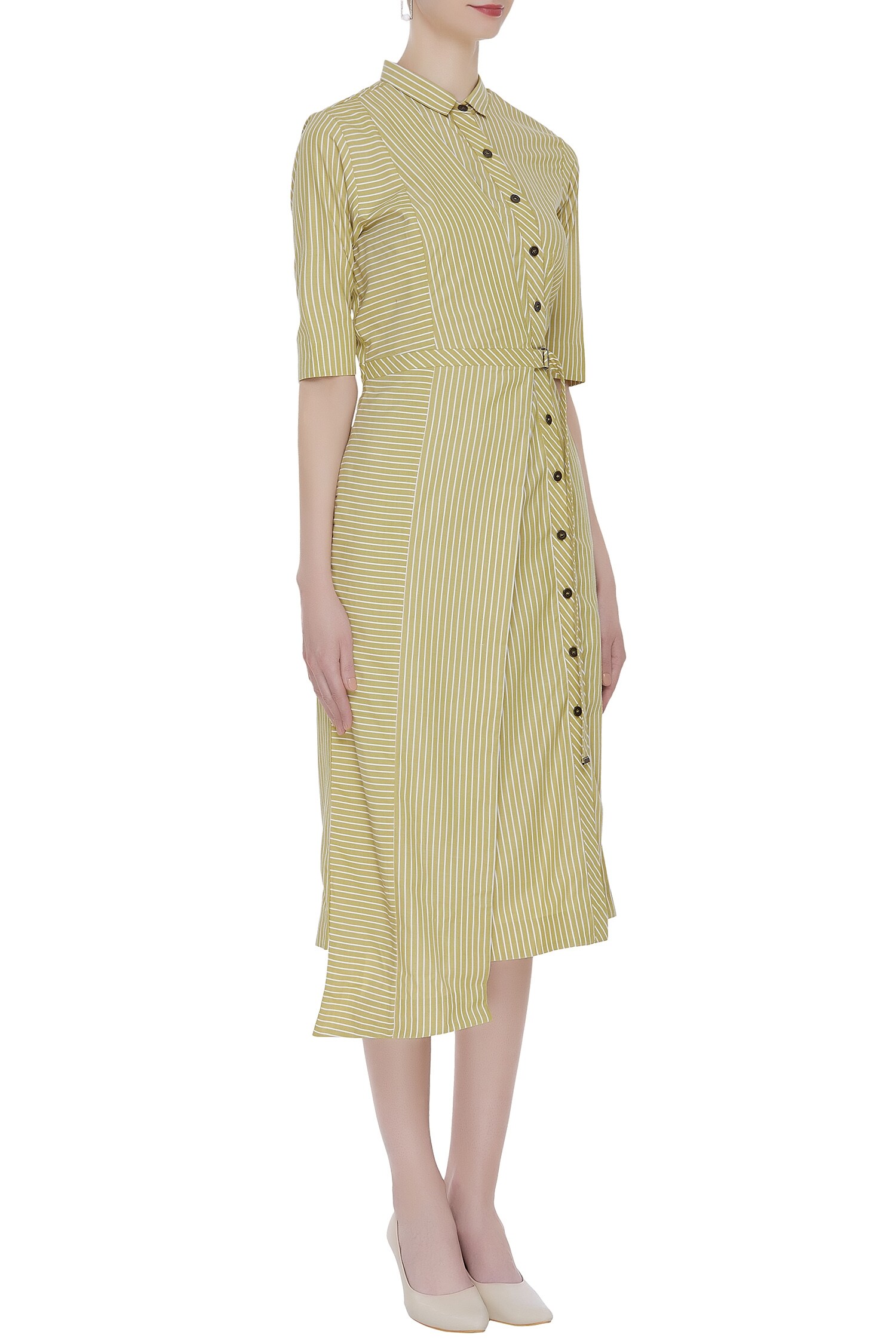 Buy Striped asymmetric shirt dress. by Notebook at Aza Fashions