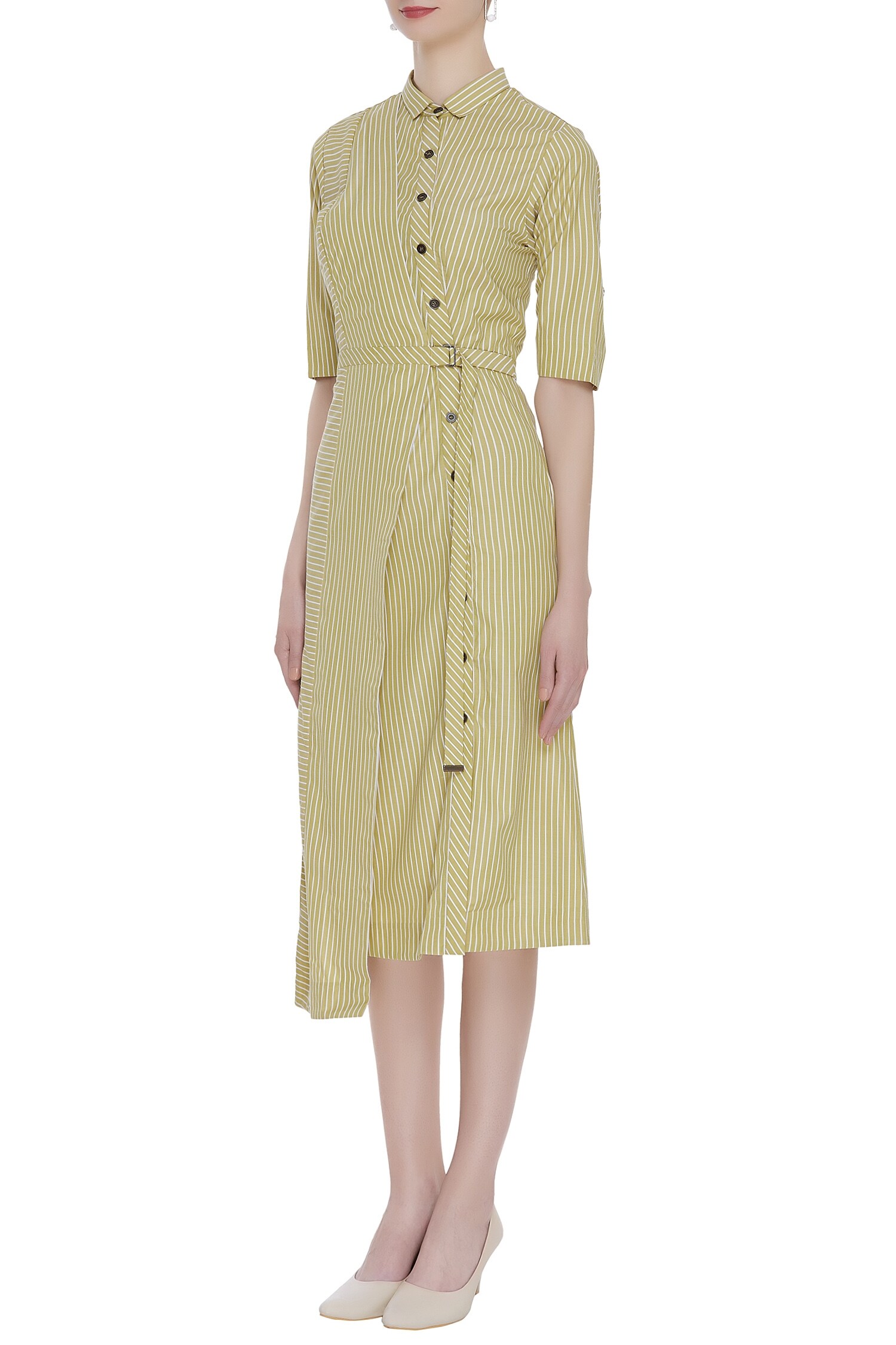 Buy Striped asymmetric shirt dress. by Notebook at Aza Fashions