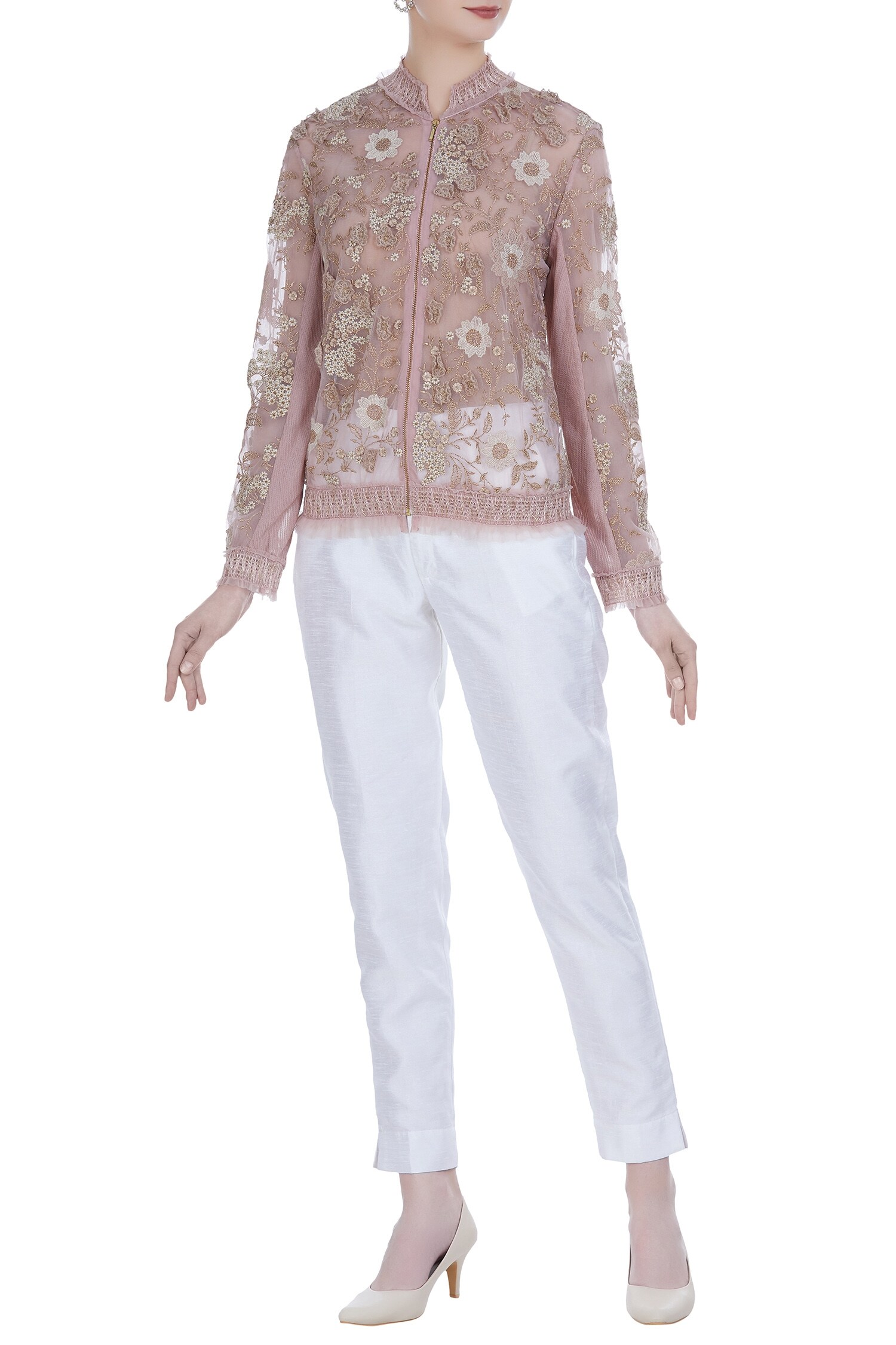 Buy Pink Round Sheer Embroidered Jacket For Women by Kavita Bhartia