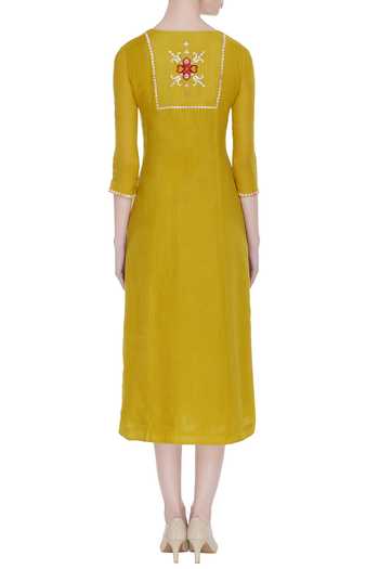 Suhani Yellow Tiered Cotton Dress With Bandhej Hand Embroidery