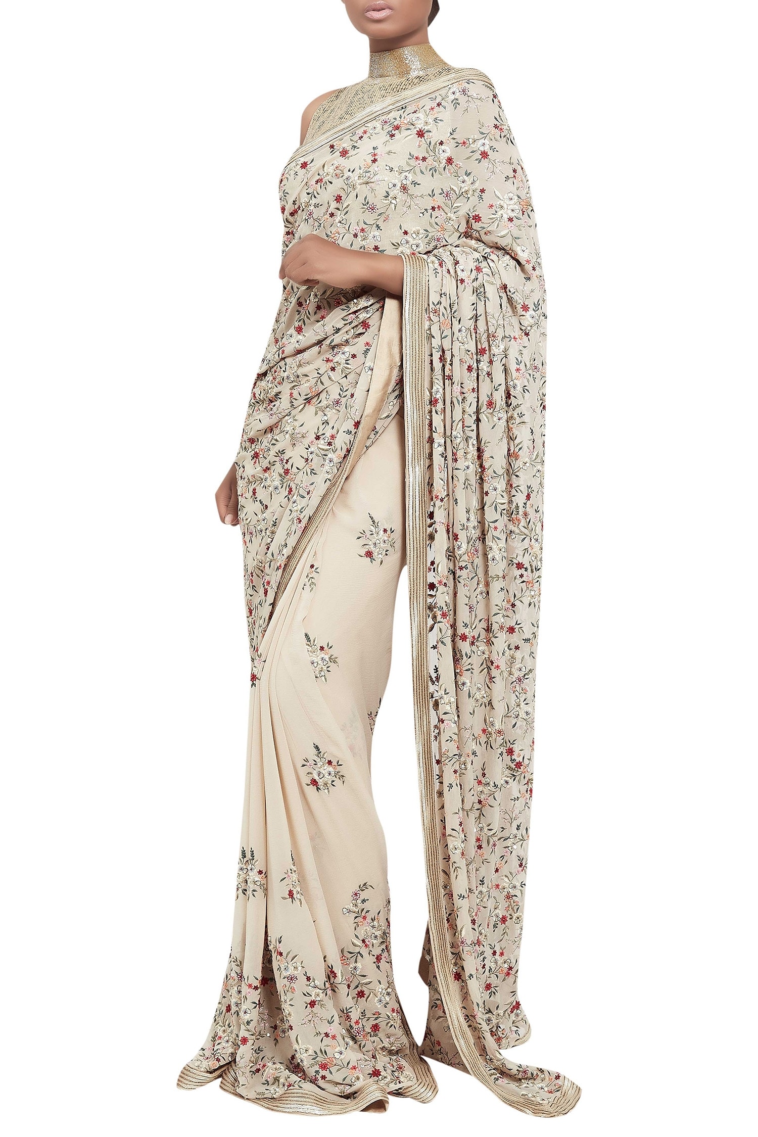 Buy Nakul Sen Beige Kashmiri Dorukha Embroidered Saree With Blouse ...