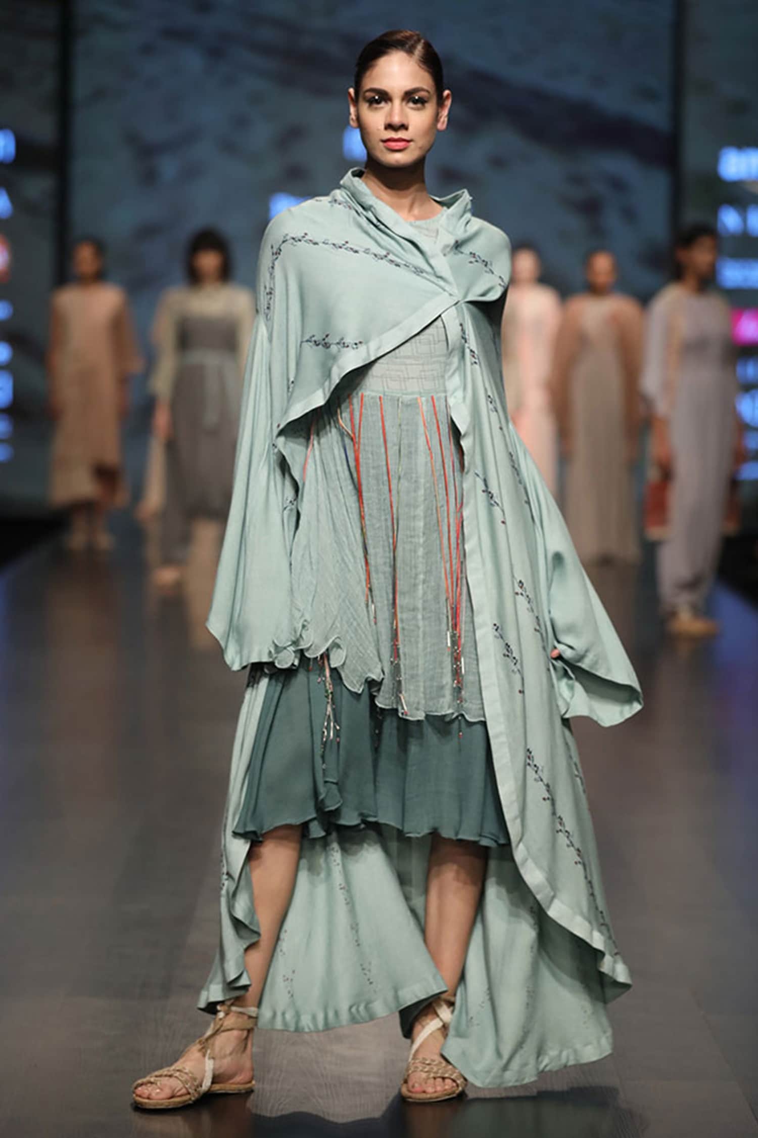 Buy Priyam Narayan Blue Layered Dress With Shrug Online | Aza Fashions