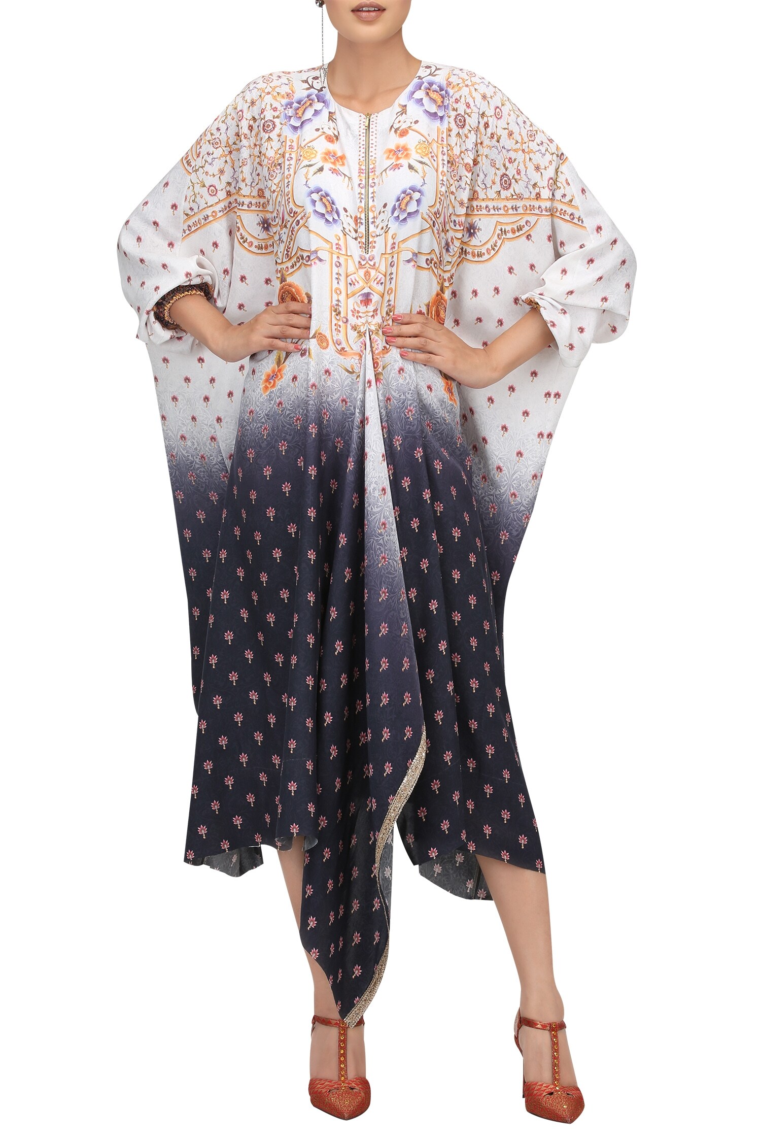 Buy Oriental floral kaftan with hand embroidered border by Tarun Tahiliani at Aza Fashions