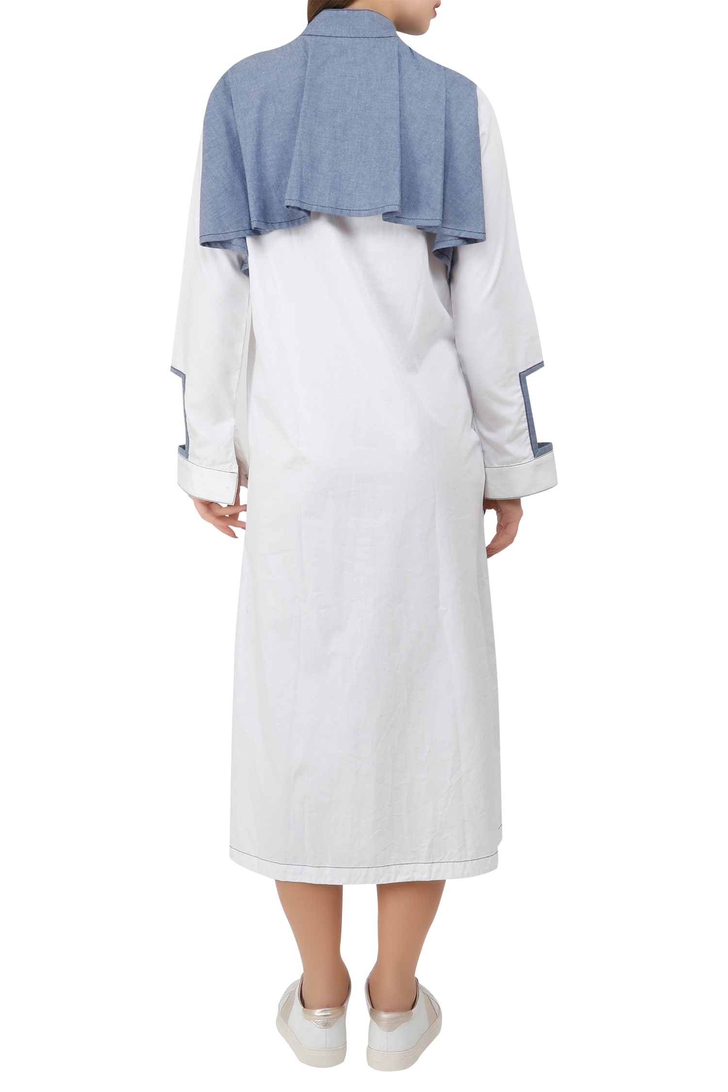 S & V Designs - Blue Poplin Embroidered Beads Mandarin High Low Shirt Dress  For Women