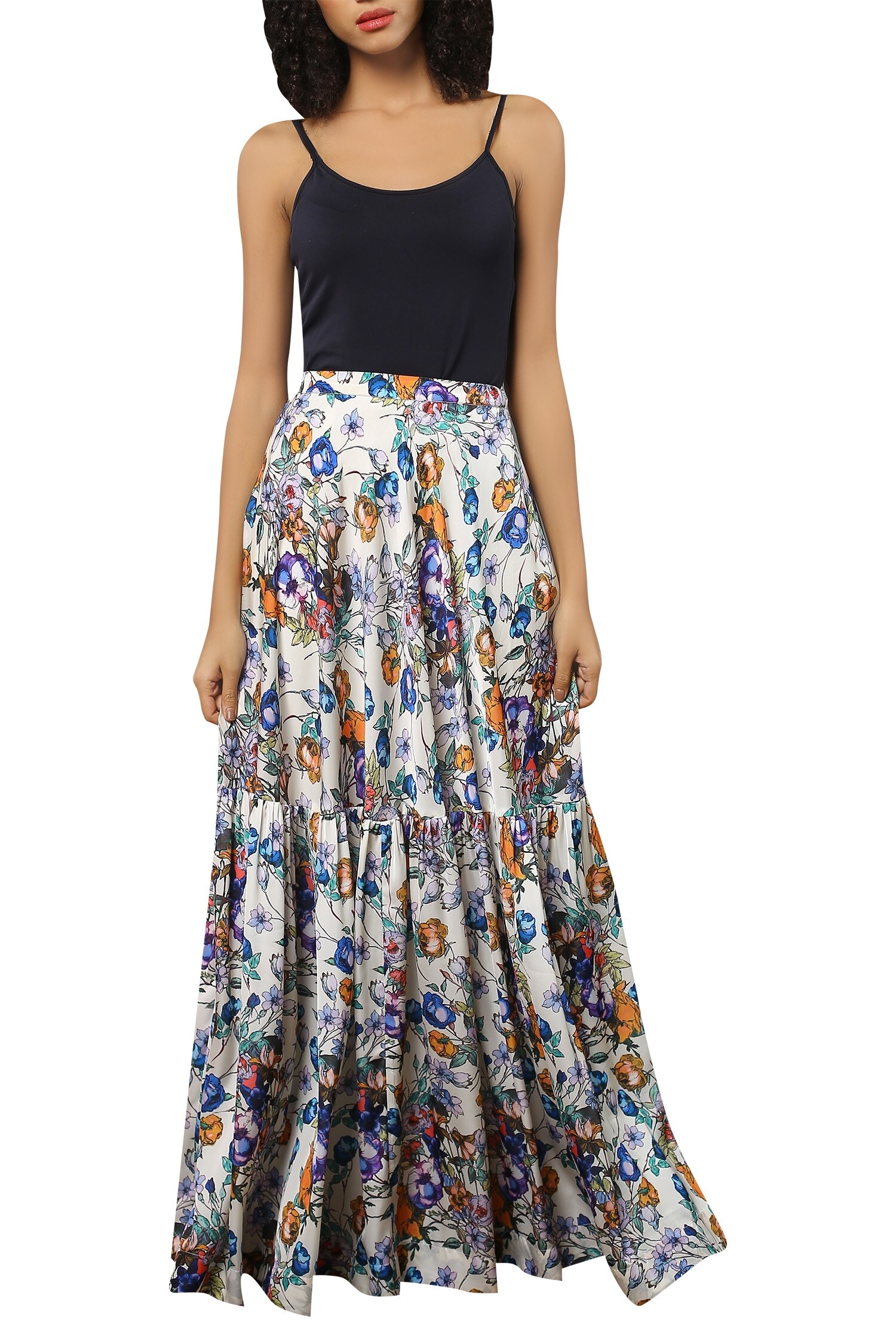 Buy Reynu Taandon White Floral Printed Maxi Flared Skirt Online | Aza ...