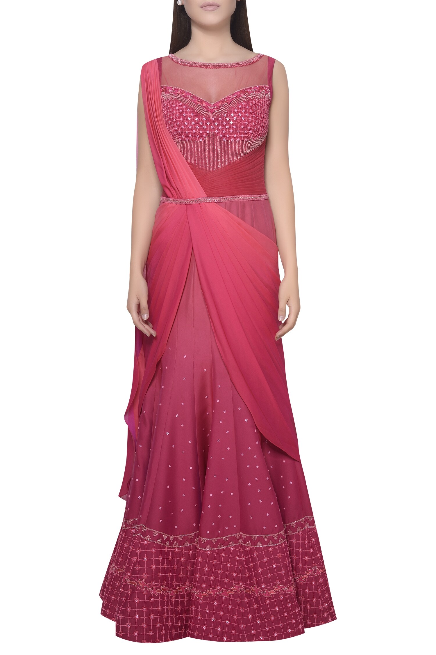 Buy Embroidered Boat Neck Draped Saree By Mandira Wirk At Aza Fashions